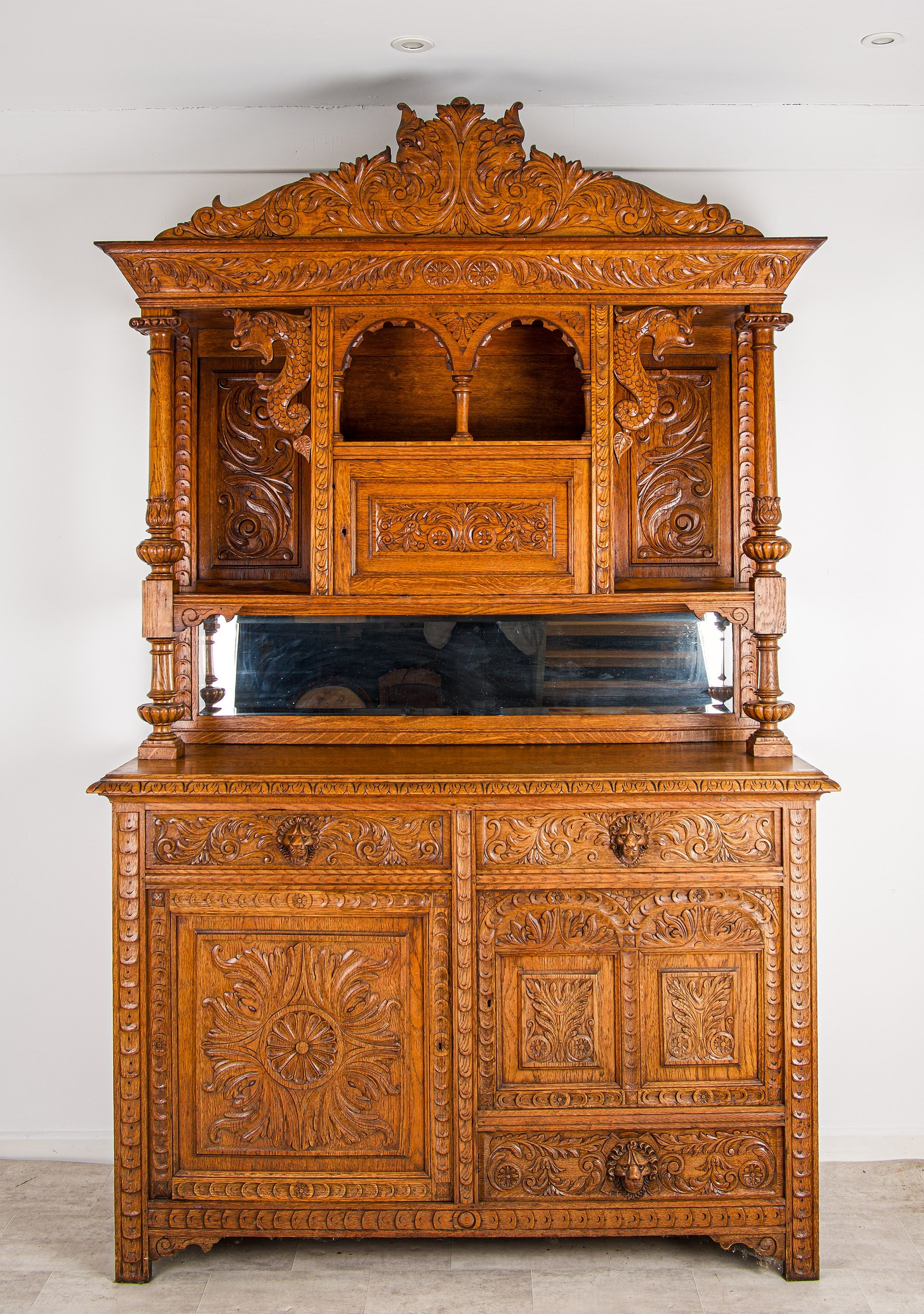 Large Antique French Oak Buffet Cabinet With Carved Chiffonier Top - 19th Century Hand Carved Sideboard