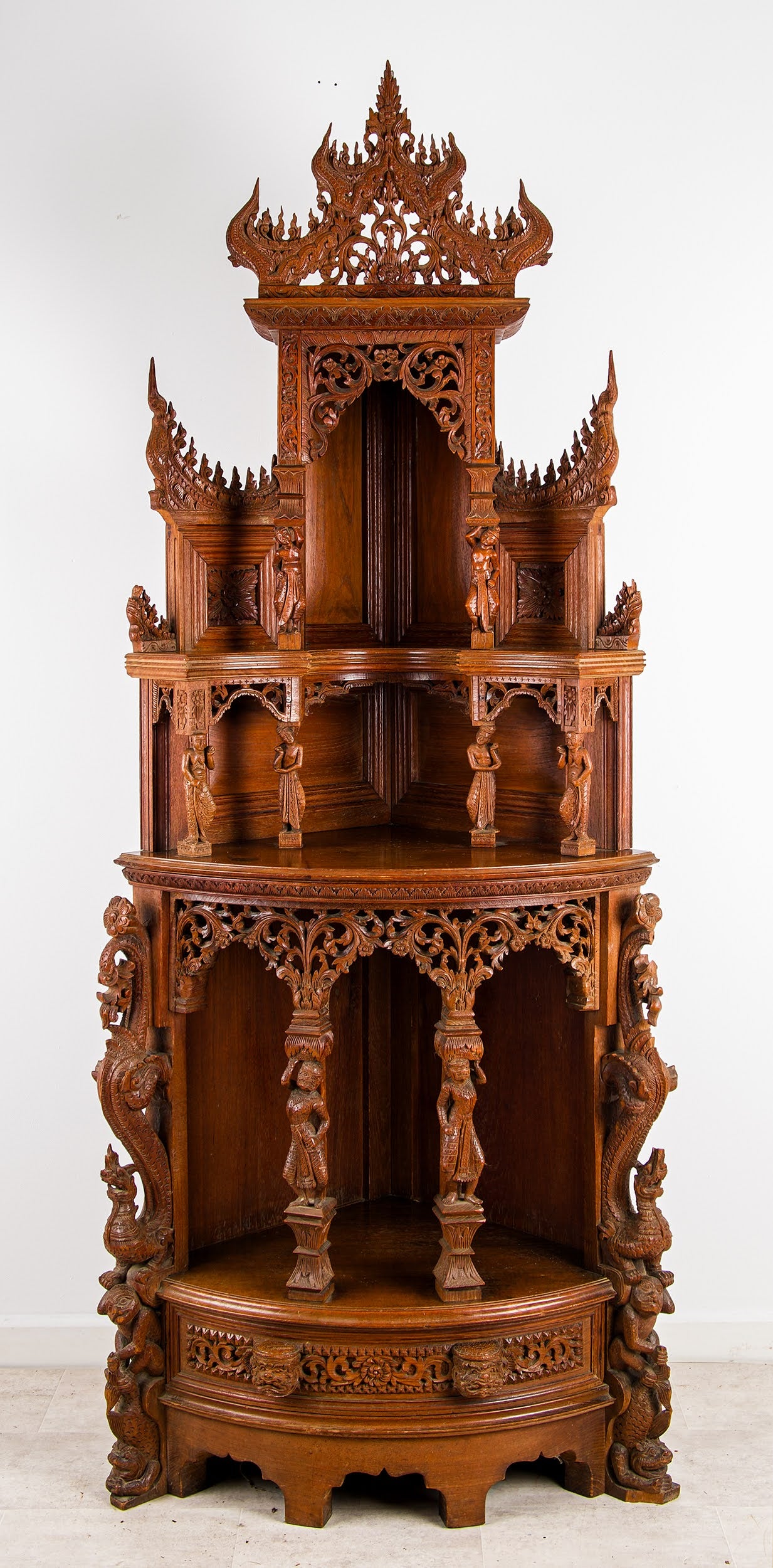 Antique Anglo-indian Hand Carved Corner Cabinet With Figural Carvings & Temple Pediment