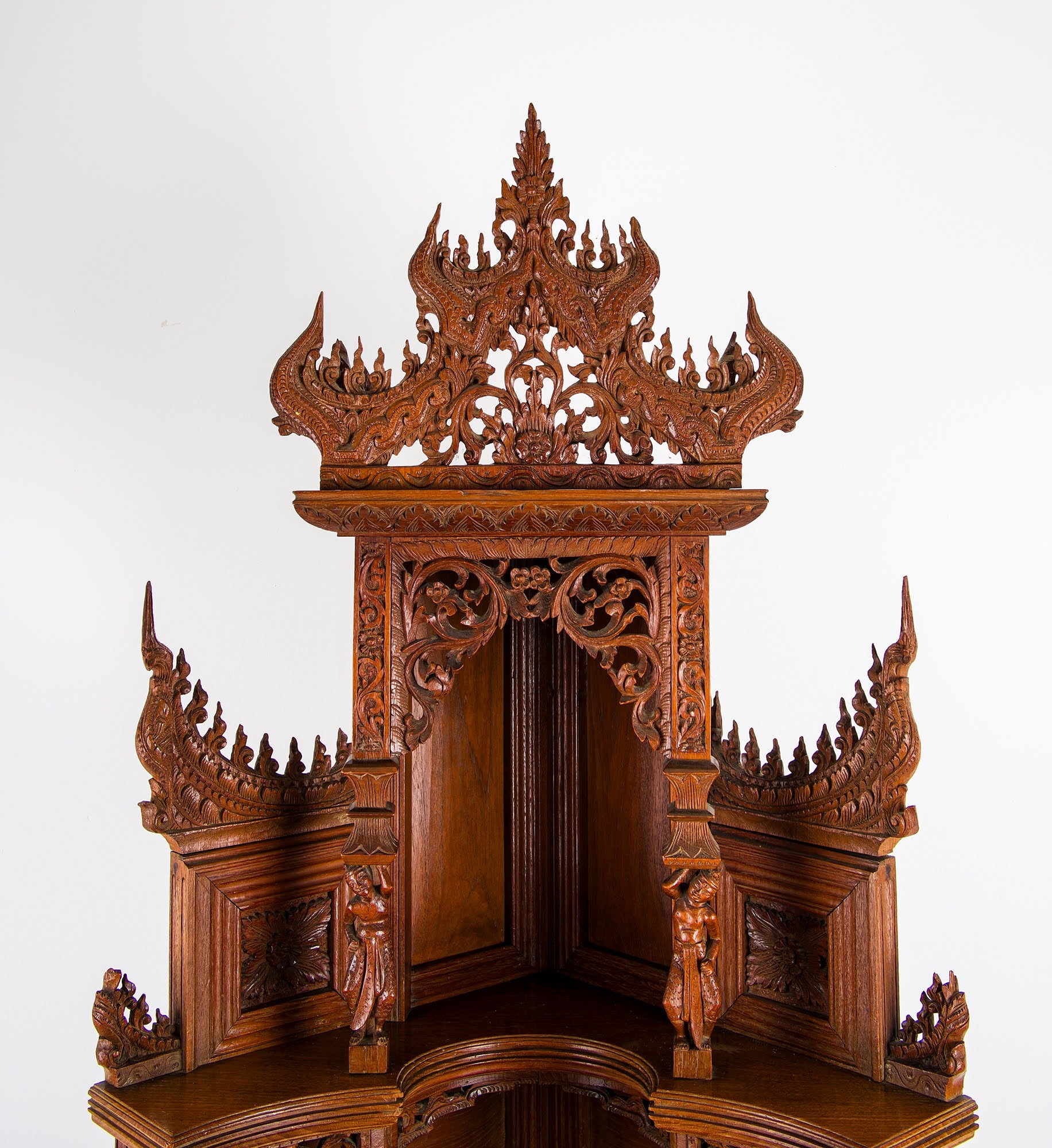 Antique Anglo-indian Hand Carved Corner Cabinet With Figural Carvings & Temple Pediment