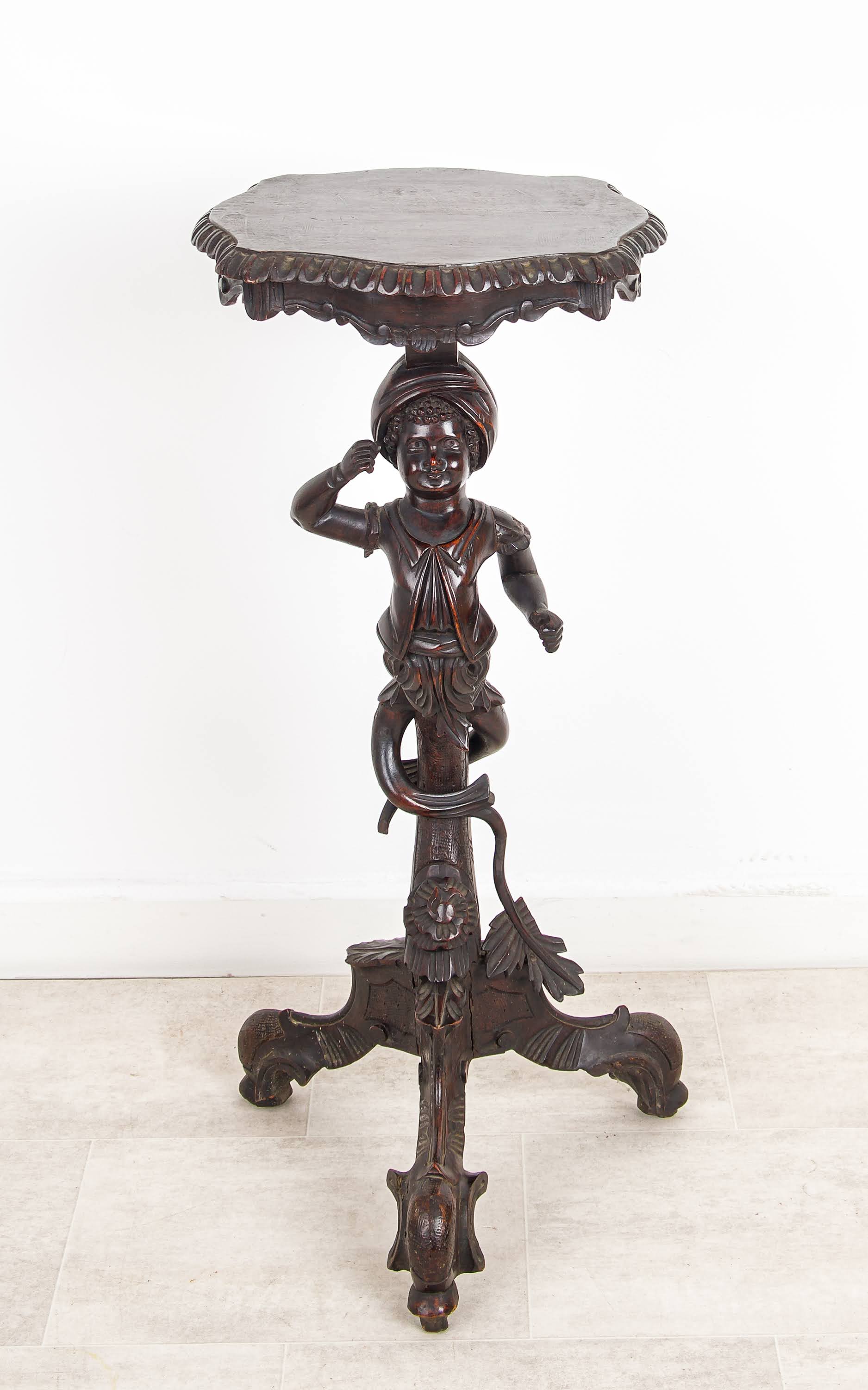 Antique Hand Carved Figural Side Table - Cherub Pedestal Occasional Wine Table