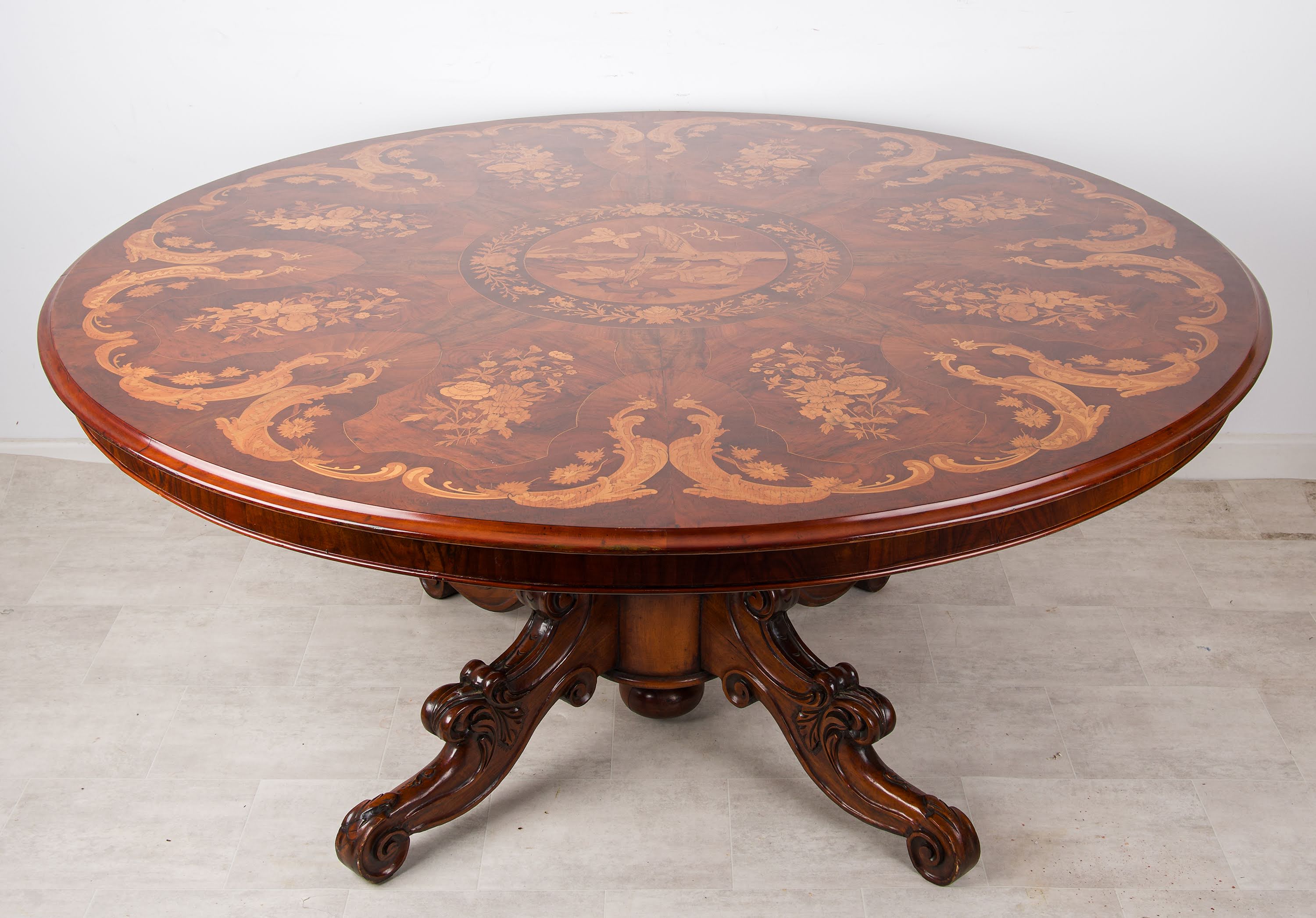 Walnut Marquetry Inlaid Centre Table c.1930 Floral Scrollwork Round Top — Hawkins Antiques, Barry, South Wales