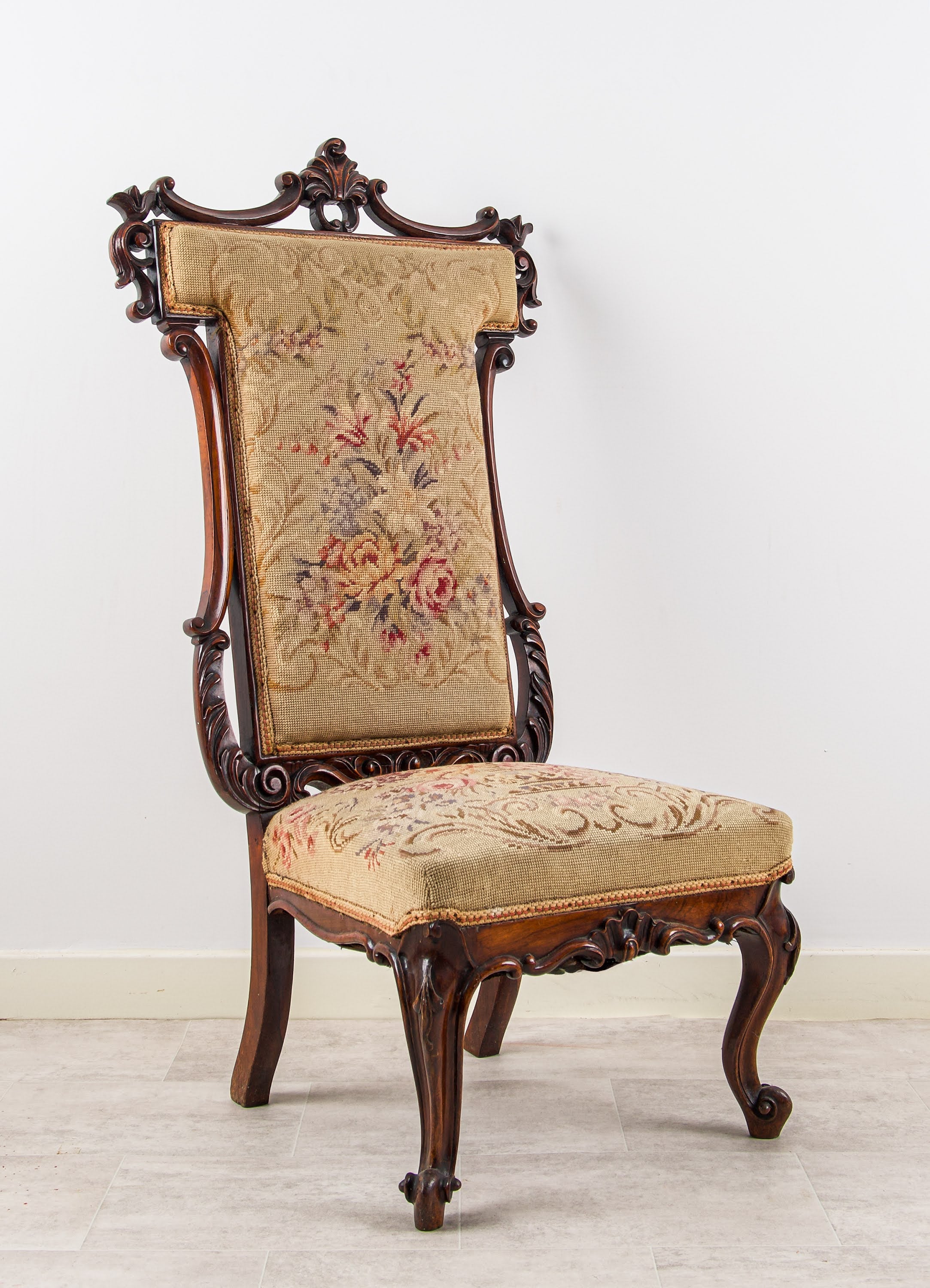 Antique Carved Walnut Side Chair with Tapestry Upholstery - Late 19th Century