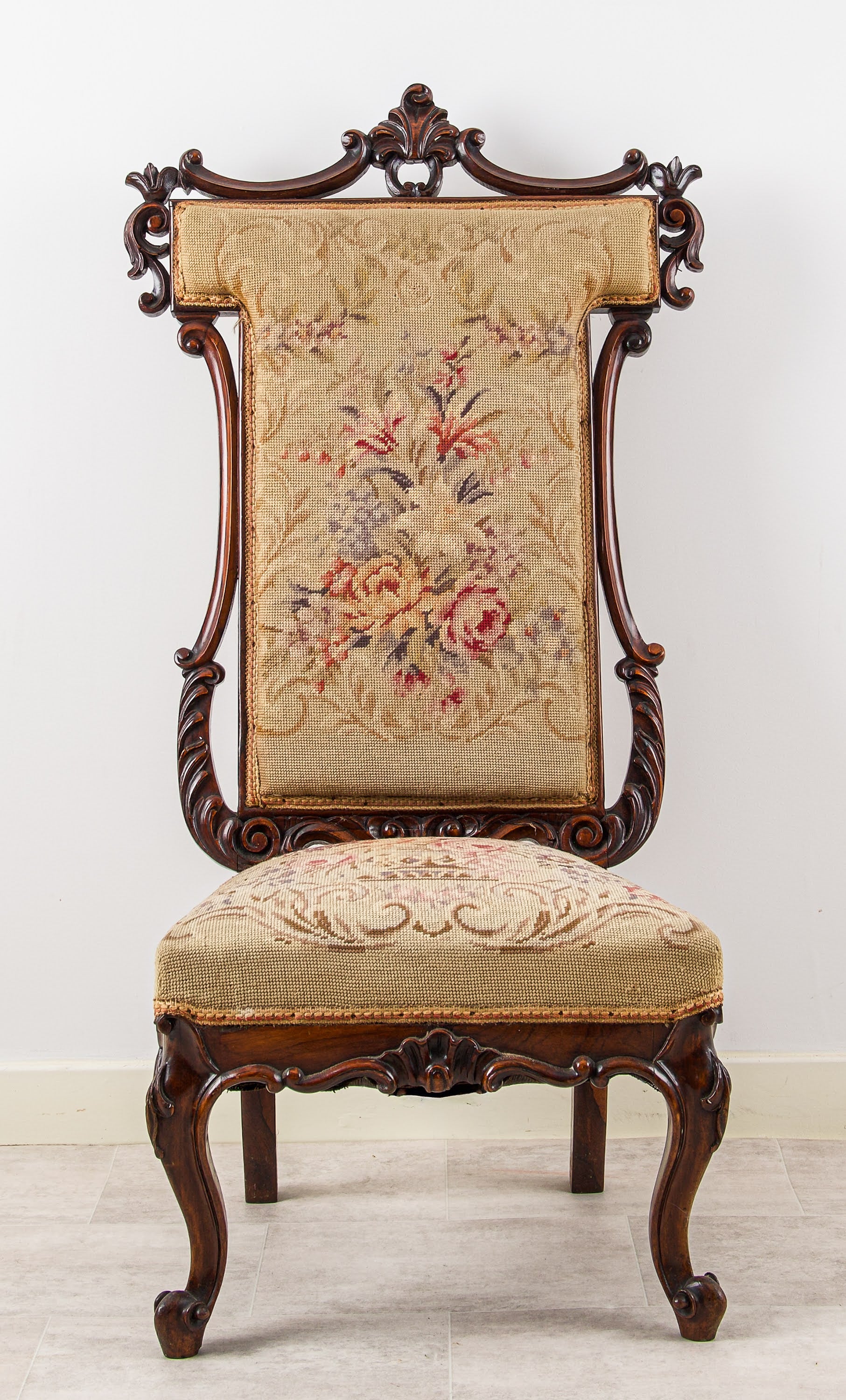 Antique Carved Walnut Side Chair with Tapestry Upholstery - Late 19th Century