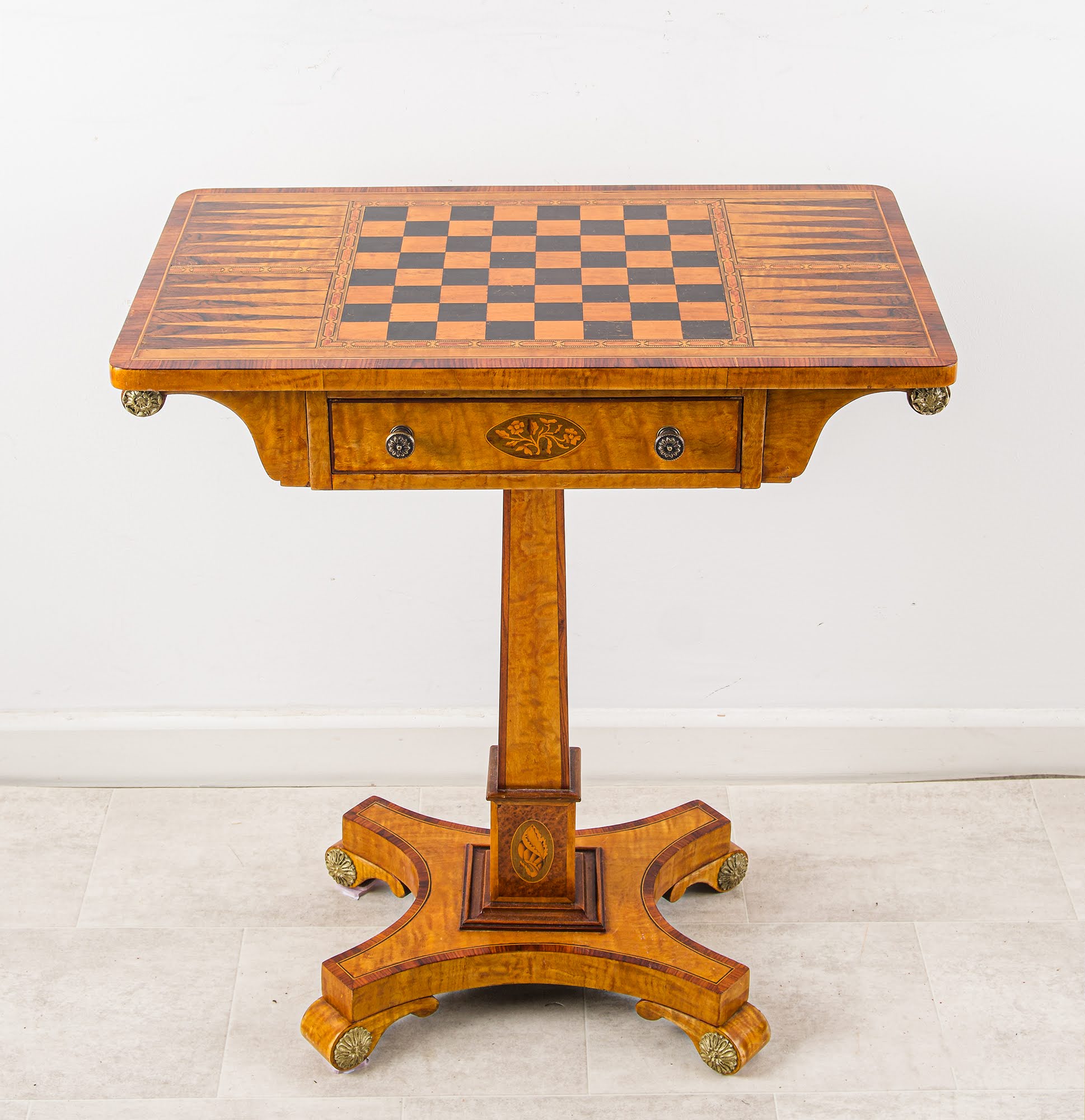 Vintage Regency Style Maple & Ebony Inlaid Chess Games Table