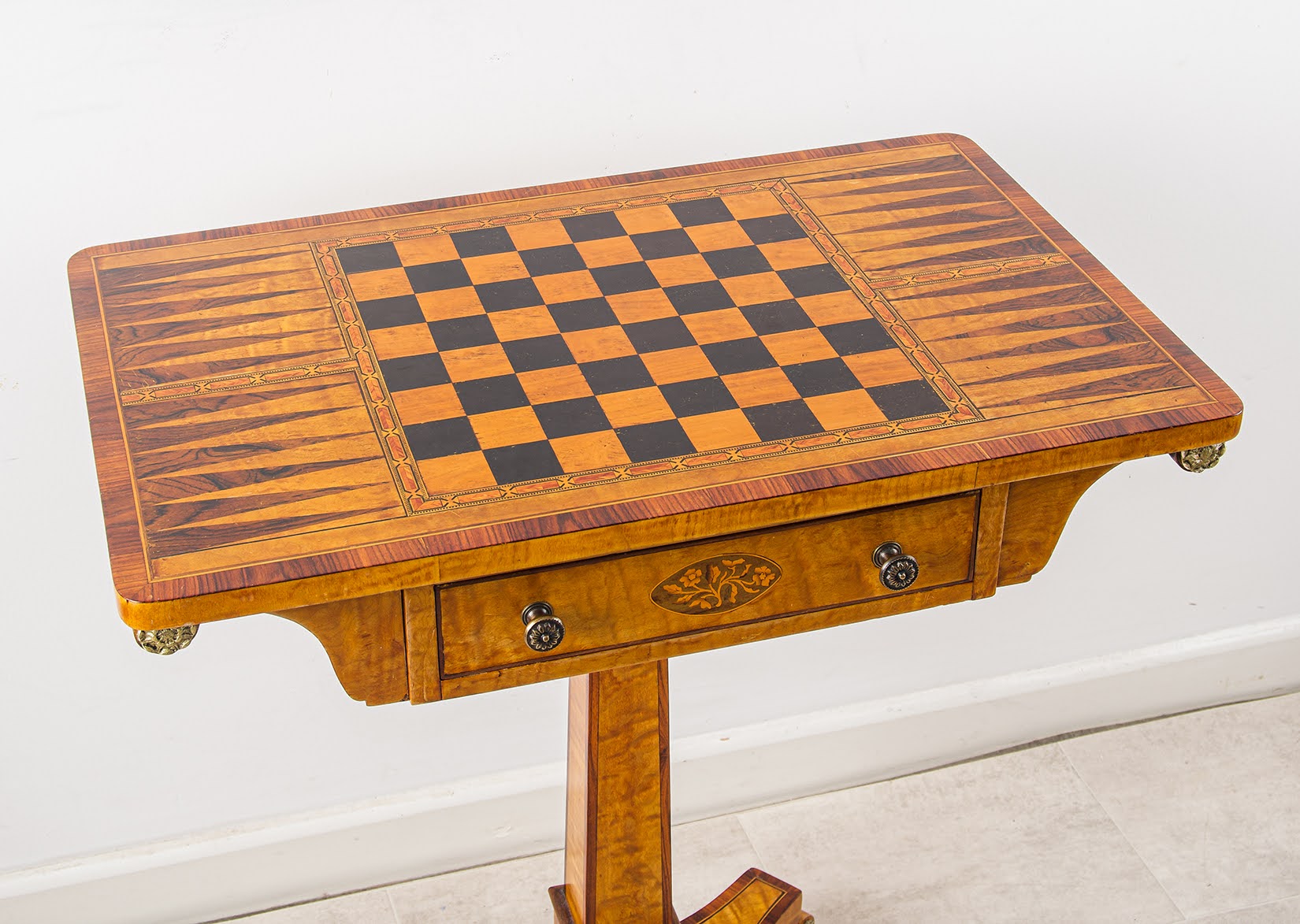Vintage Regency Style Maple & Ebony Inlaid Chess Games Table