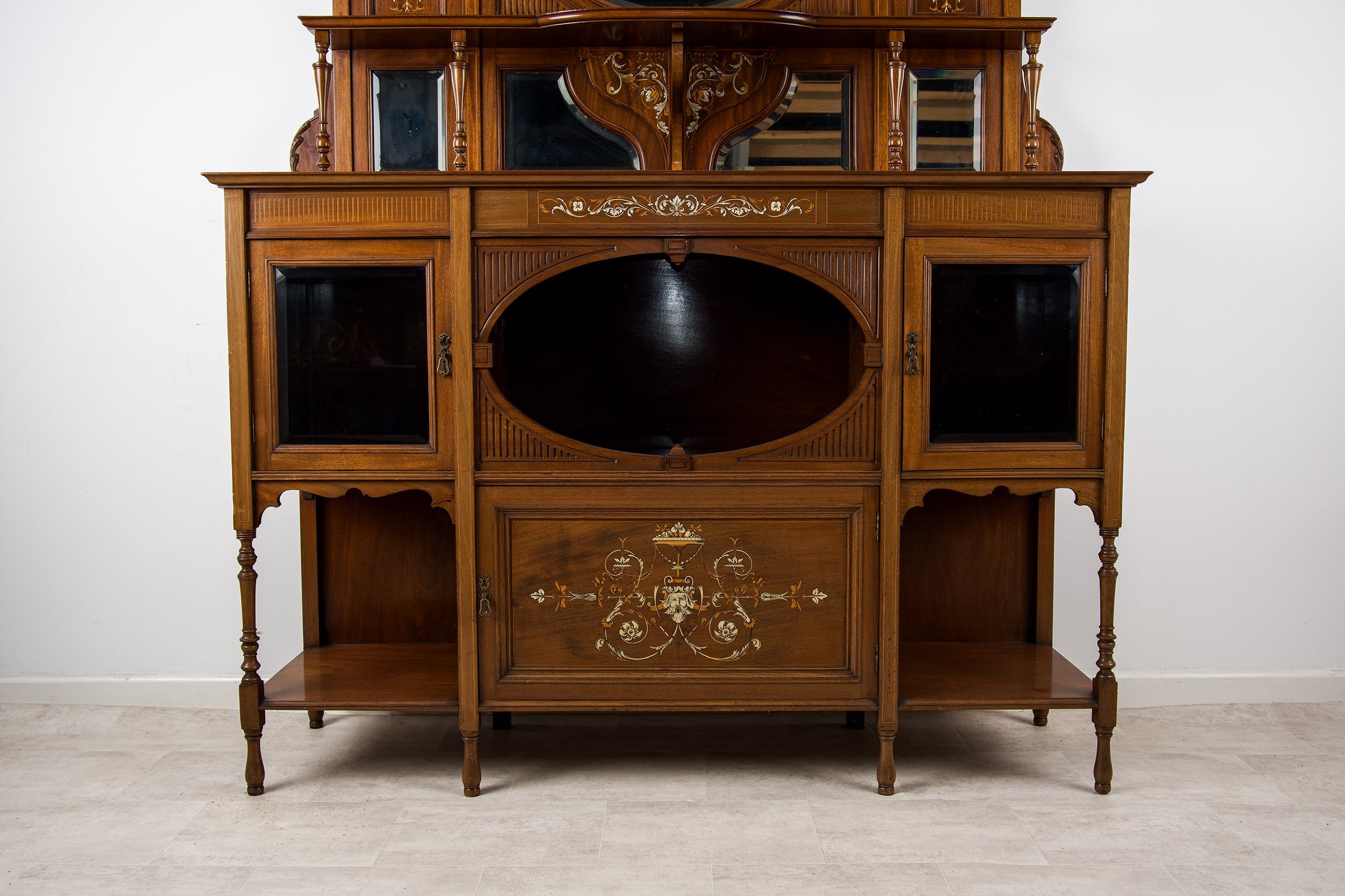 Impressive Victorian Mahogany Inlaid Chiffonier Cabinet - Late 19th Century
