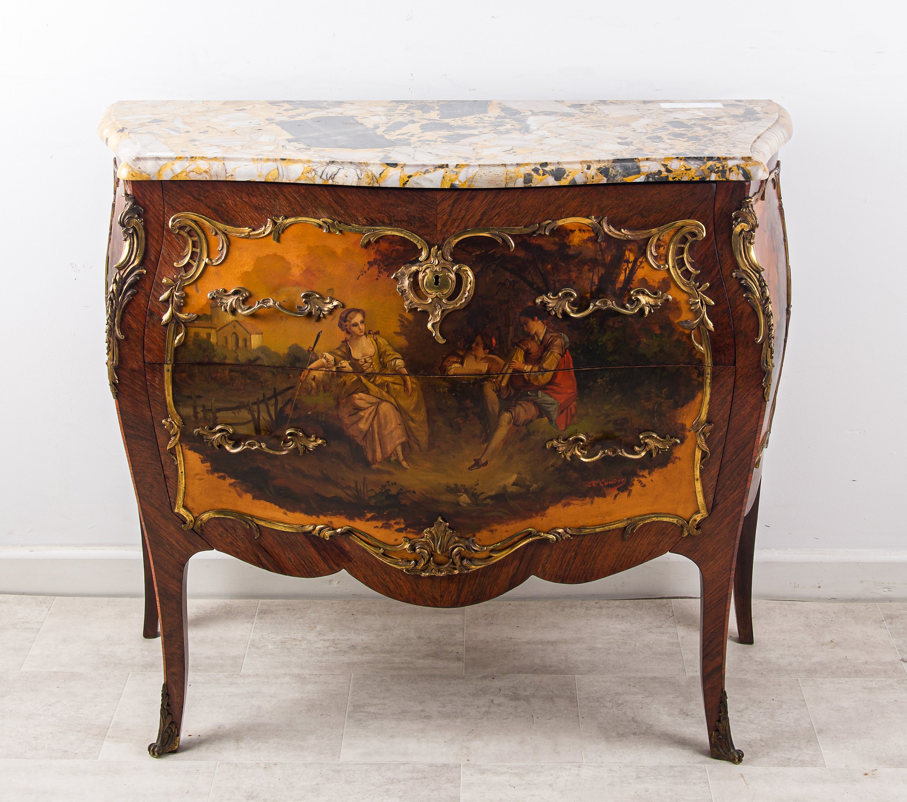 French Vernis Martin Commode / Chest Of Drawers With Ormolu & Marble Top, C.1900