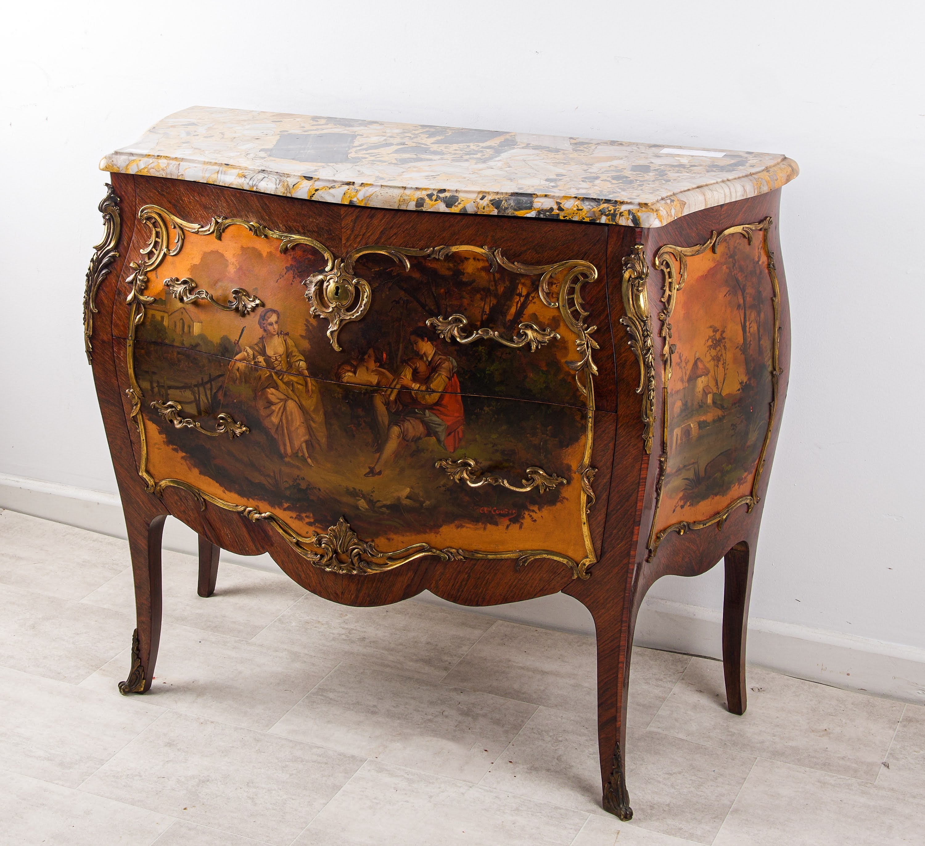 French Vernis Martin Commode / Chest Of Drawers With Ormolu & Marble Top, C.1900