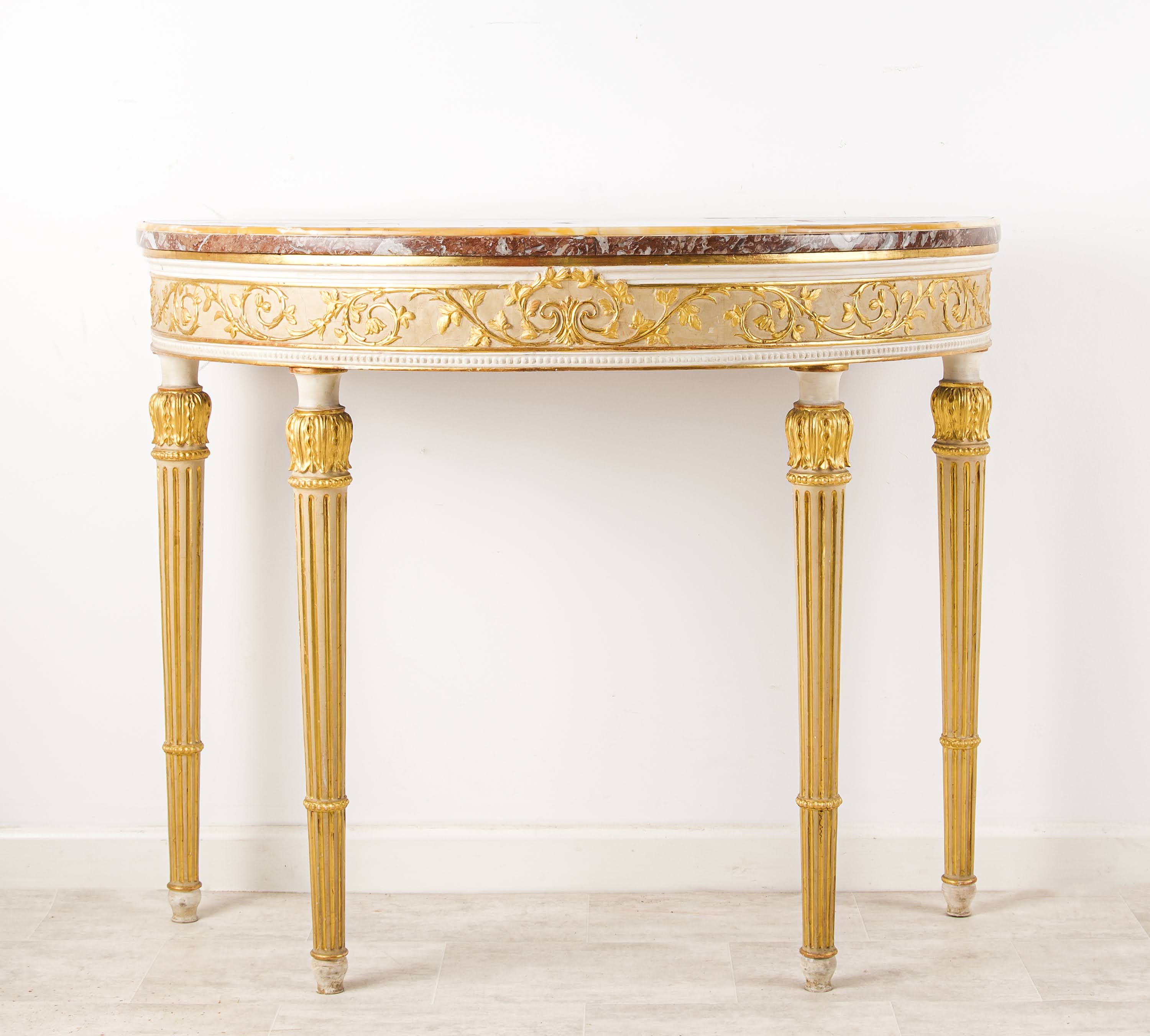 Antique Georgian Style Demi-Lune Console Table with Rouge Marble Top, White & Gilt - Circa 1920
