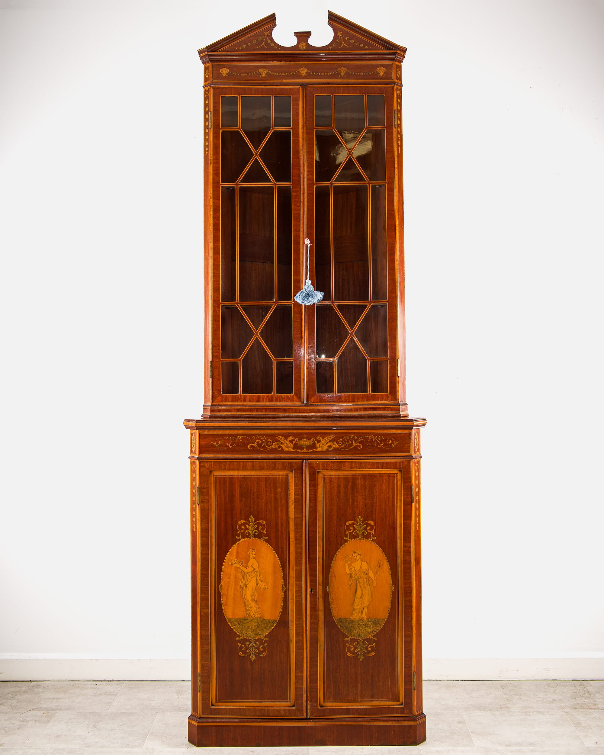 Antique Edwardian Mahogany Inlaid Corner Cabinet Display Cabinet With Astragal Glazing