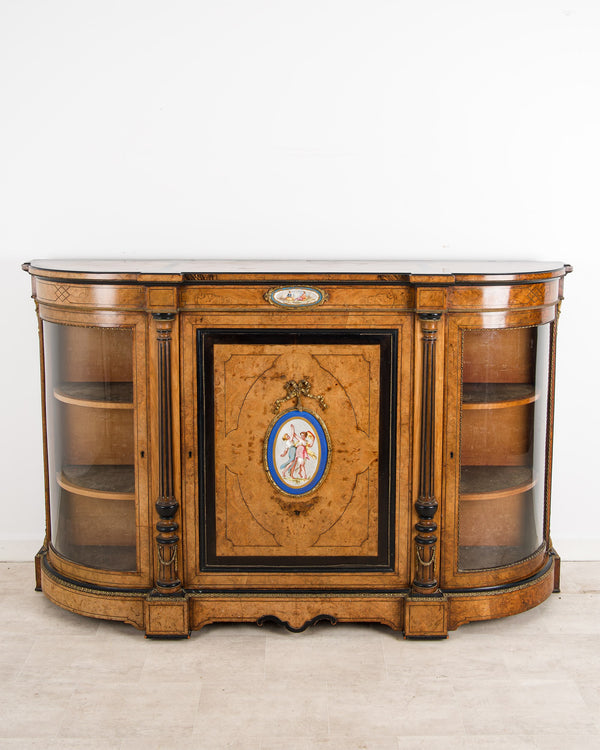 Antique Victorian Burr Walnut Credenza Sideboard With Porcelain Plaques