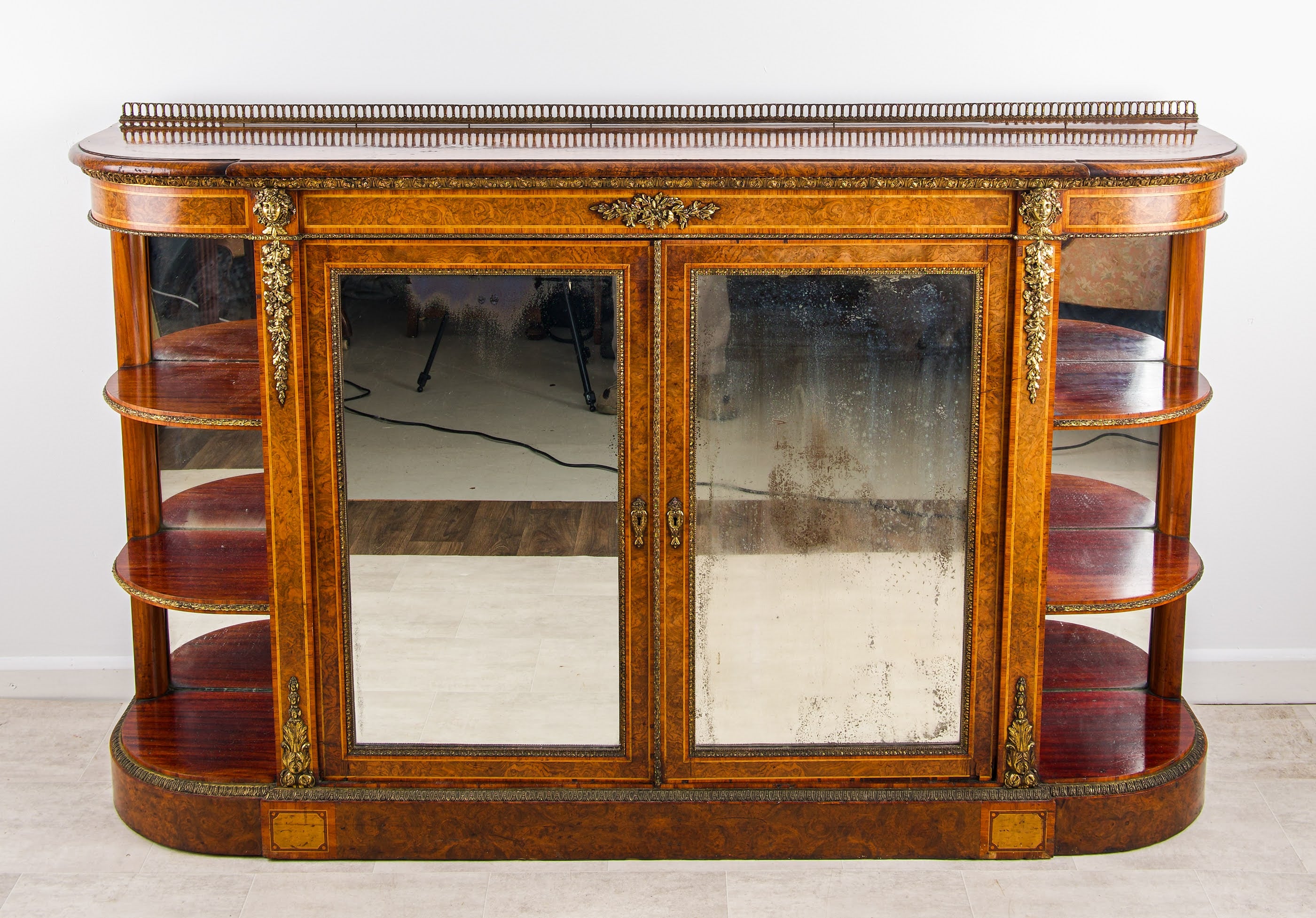Victorian Burr Walnut Mirrored Credenza with Ormolu & Side Display Shelves