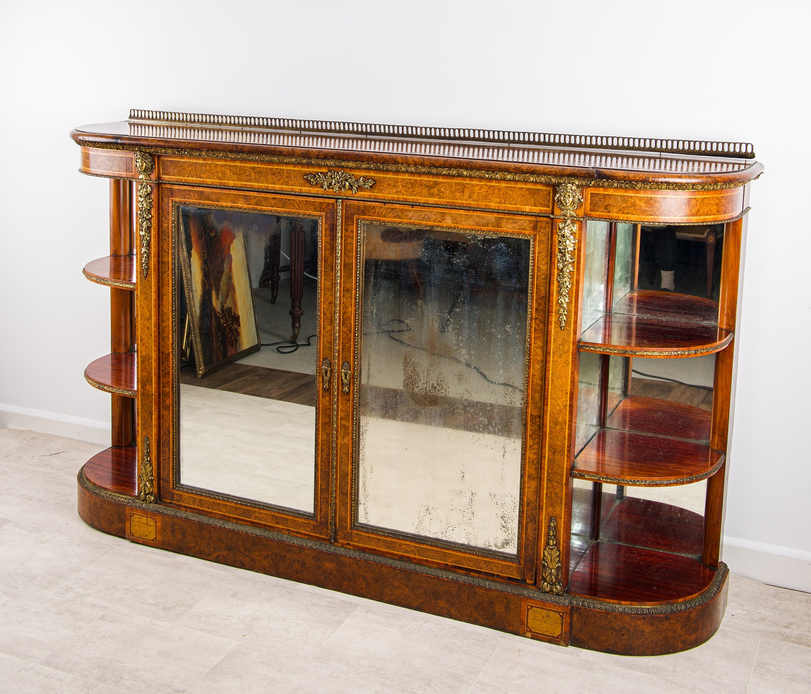 Victorian Burr Walnut Mirrored Credenza with Ormolu & Side Display Shelves
