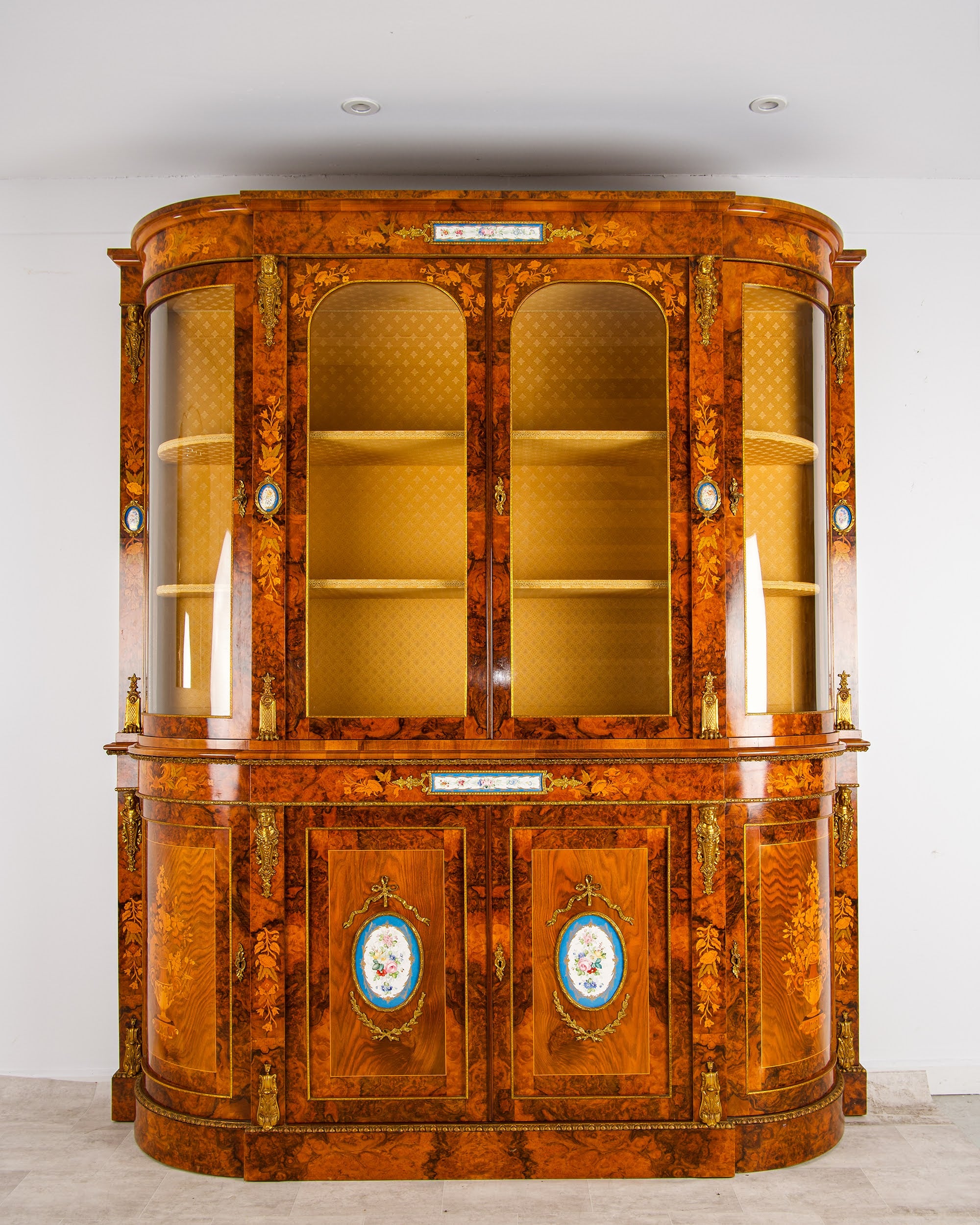 Large Antique Style Burr Walnut Marquetry Display Cabinet Credenza - Sèvres Porcelain Plaques & Ormolu Mounts | 204cm