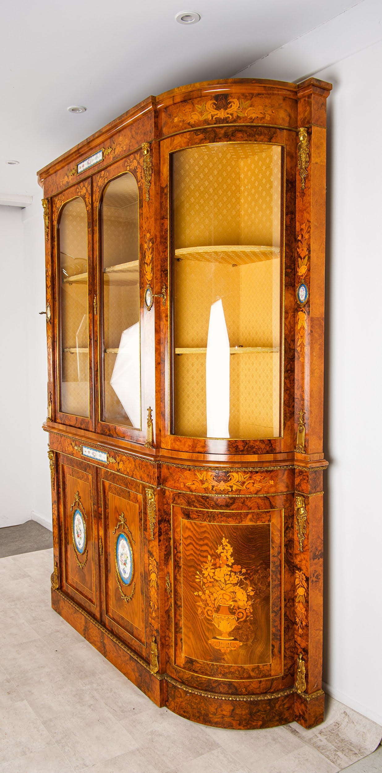 Antique Burr Walnut Display Cabinet showing Quartered Veneer Panels and Satinwood Marquetry Inlay - Hawkins Antiques