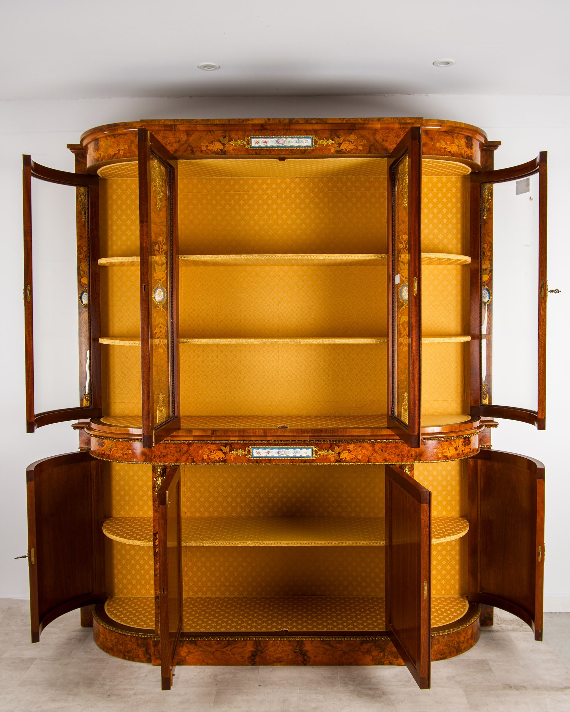 Interior of Antique Burr Walnut Display Cabinet with Gold Silk Lined Shelving - Hawkins Antiques