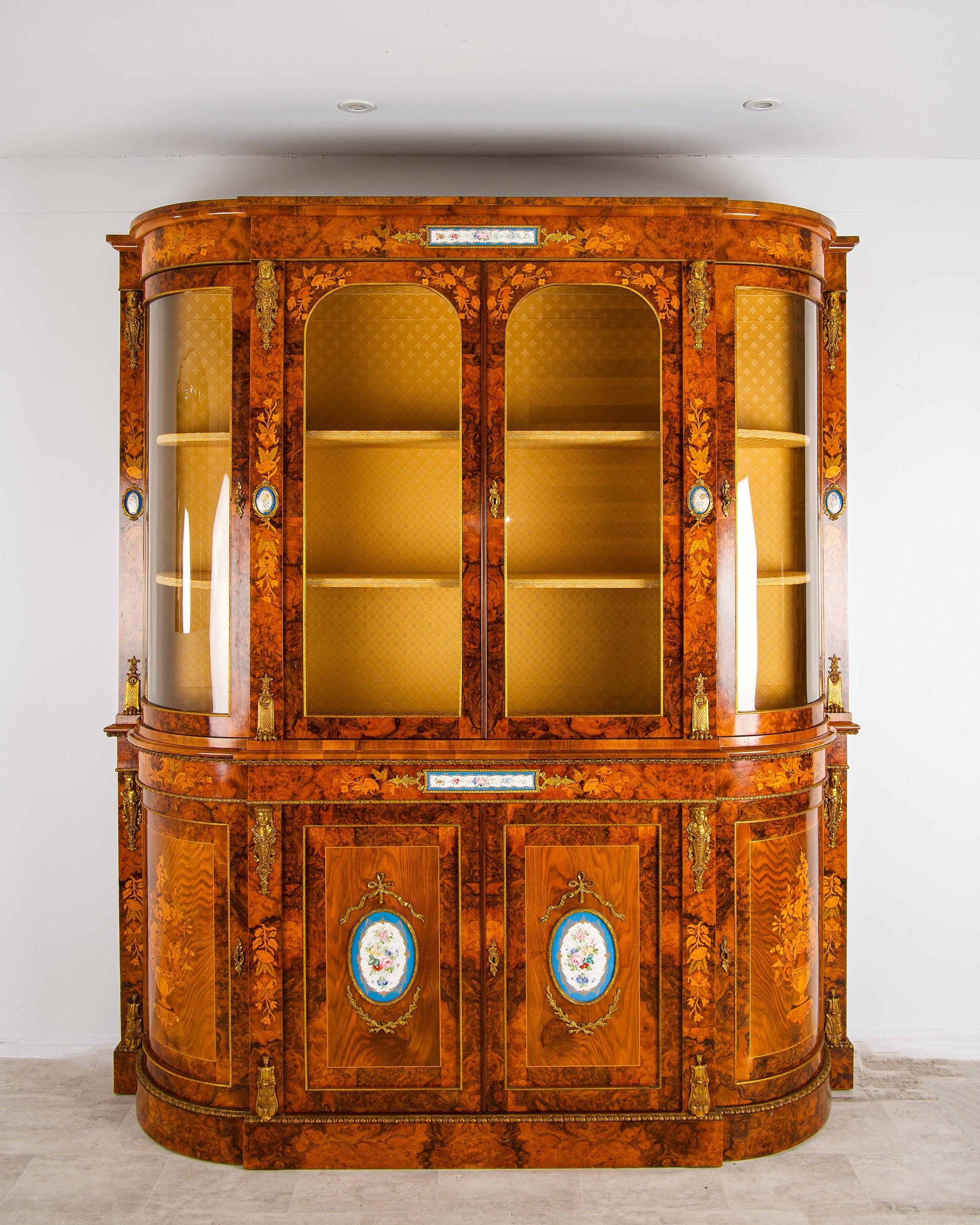 Large Antique Style Burr Walnut Marquetry Display Cabinet Credenza - Sèvres Porcelain Plaques & Ormolu Mounts | 204cm