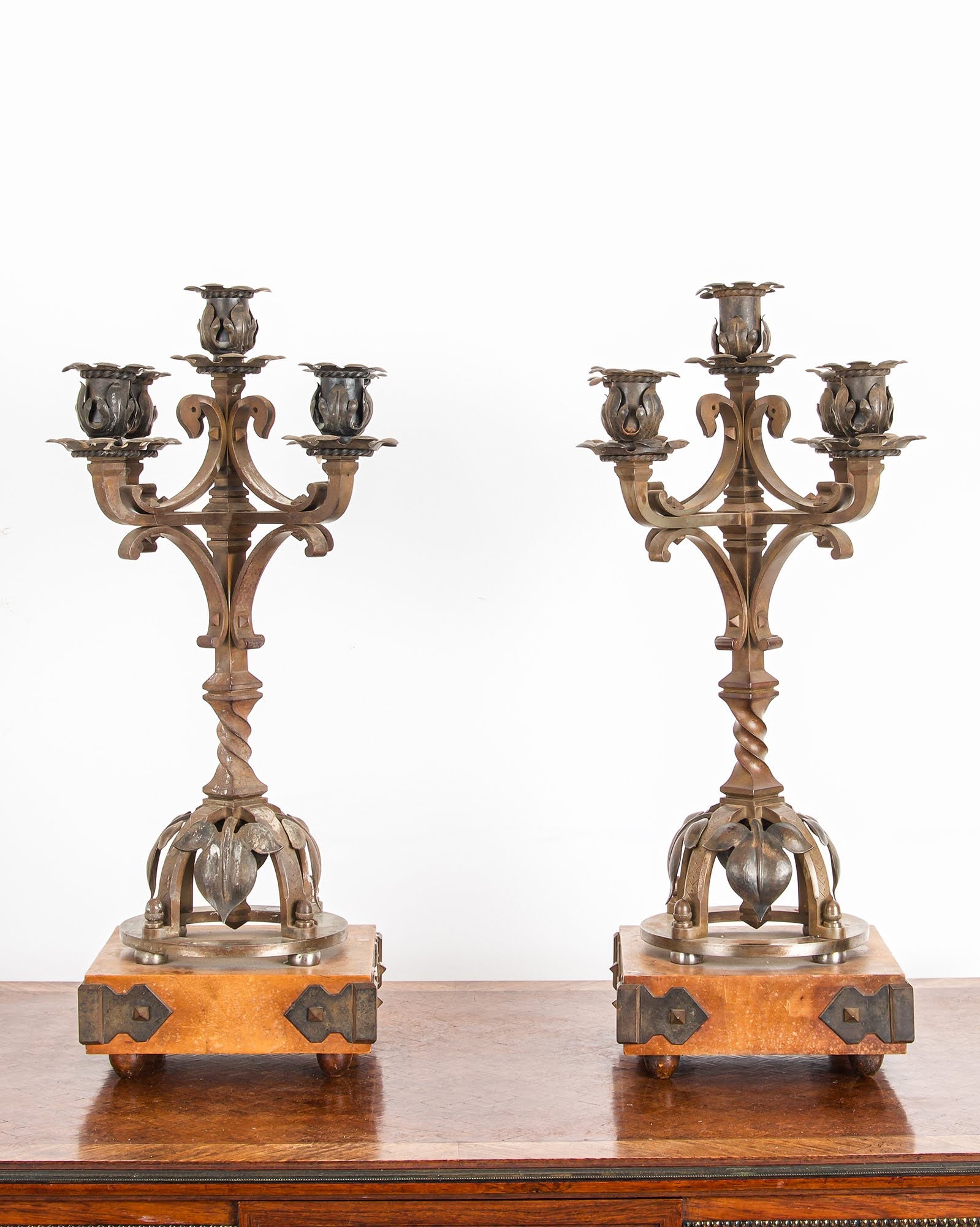 Pair Antique Gothic Revival Candelabra 5 Branch C.1920 — Hawkins Antiques, Barry, South Wales