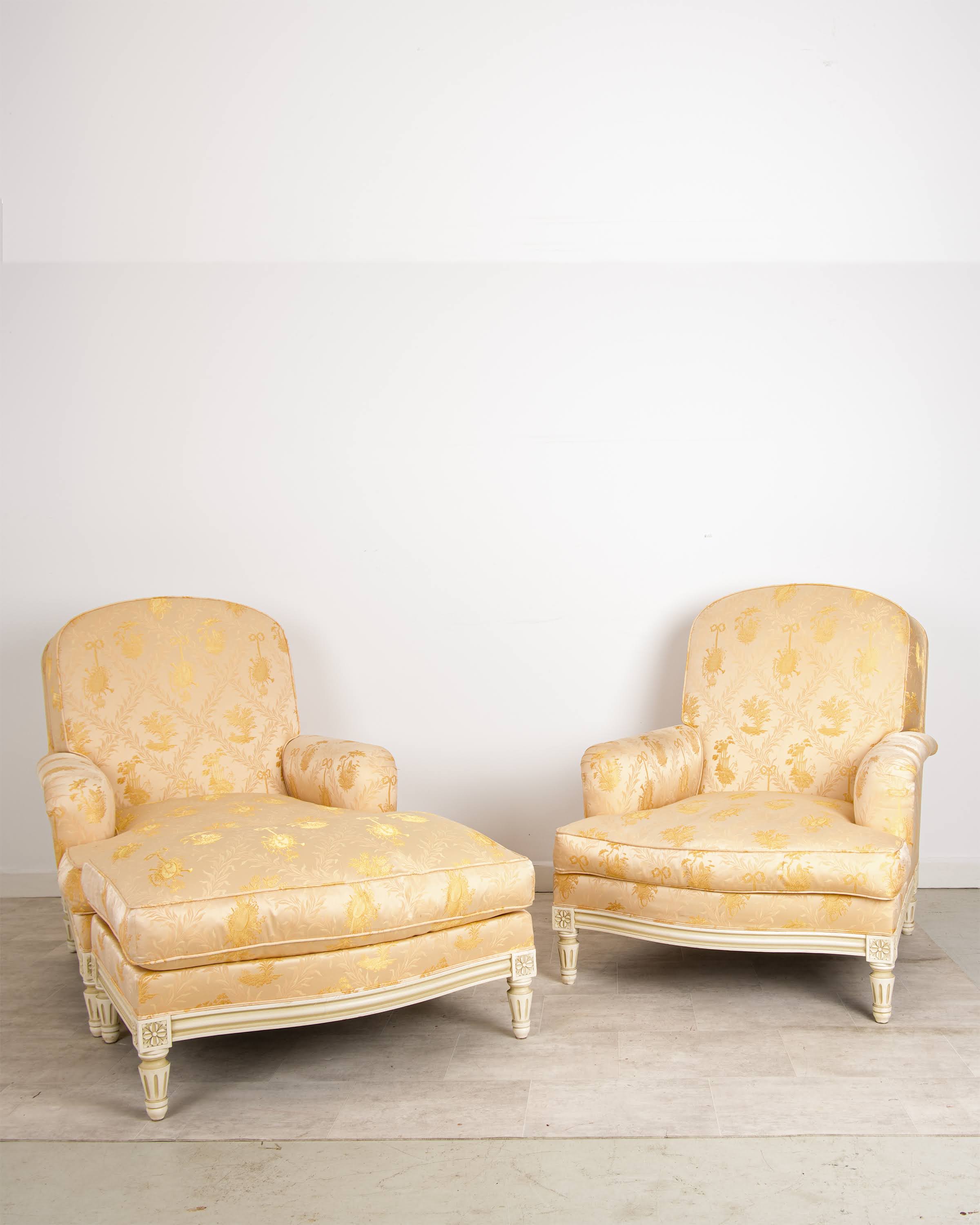 Pair vintage French Louis XVI bergère armchairs gold silk damask with ottoman daybed