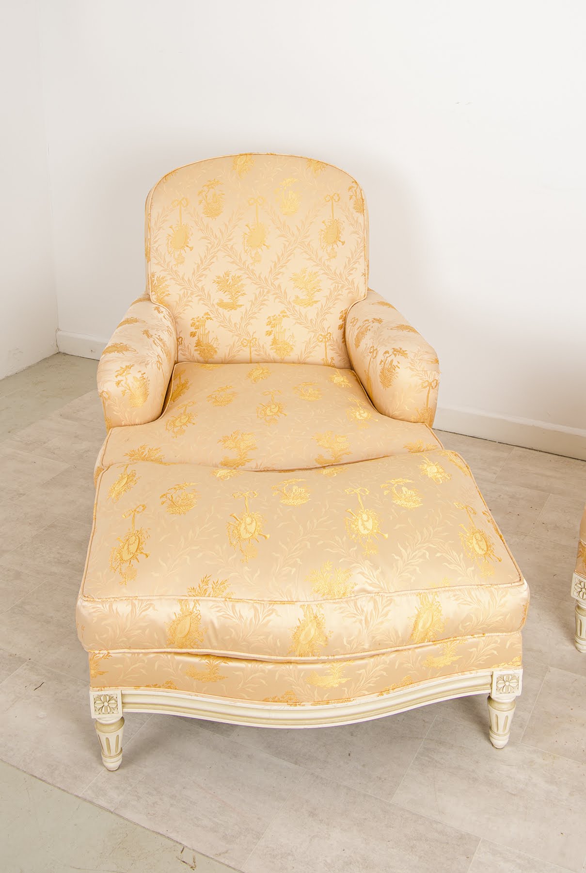 Pair French Louis XVI Style Bergère Armchairs & Ottoman