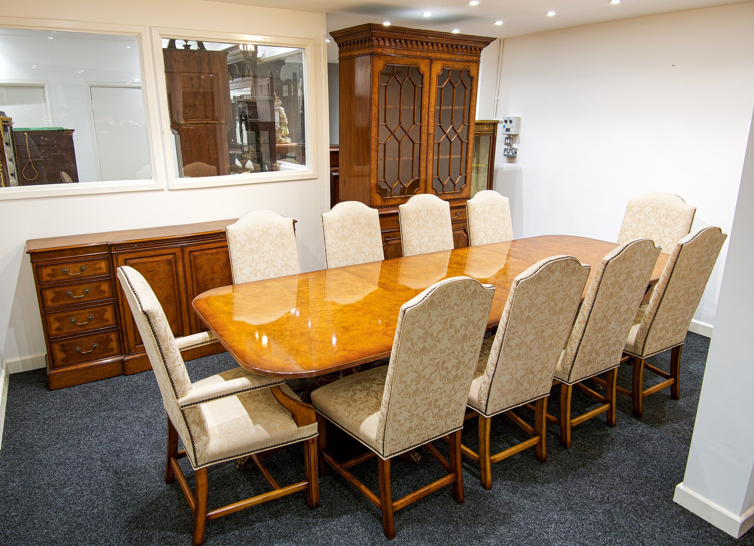 Large Burr Walnut Extending Dining Table with Ten Upholstered Chairs