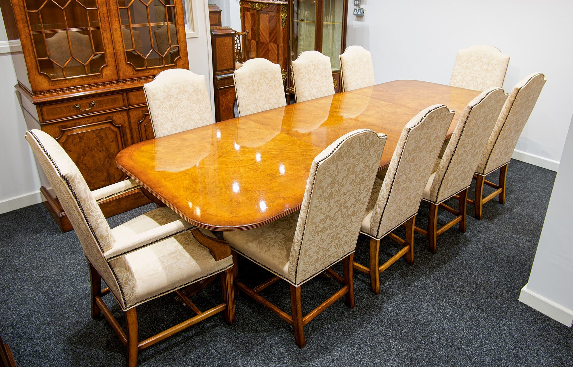 Large Burr Walnut Extending Dining Table with Ten Upholstered Chairs