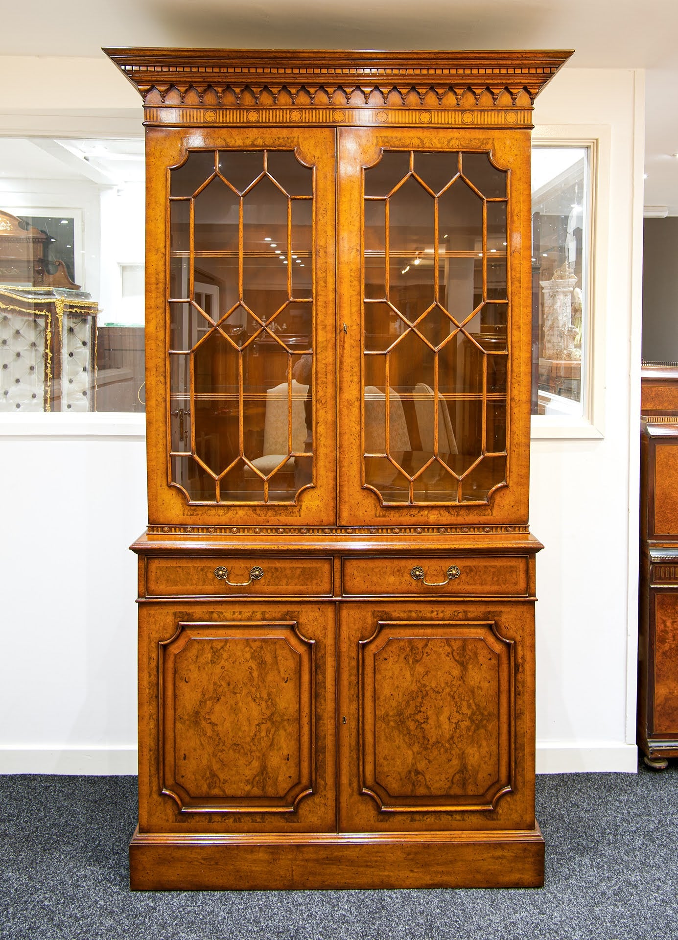 Burr Walnut Breakfront Bookcase with Astragal Glazed Doors
