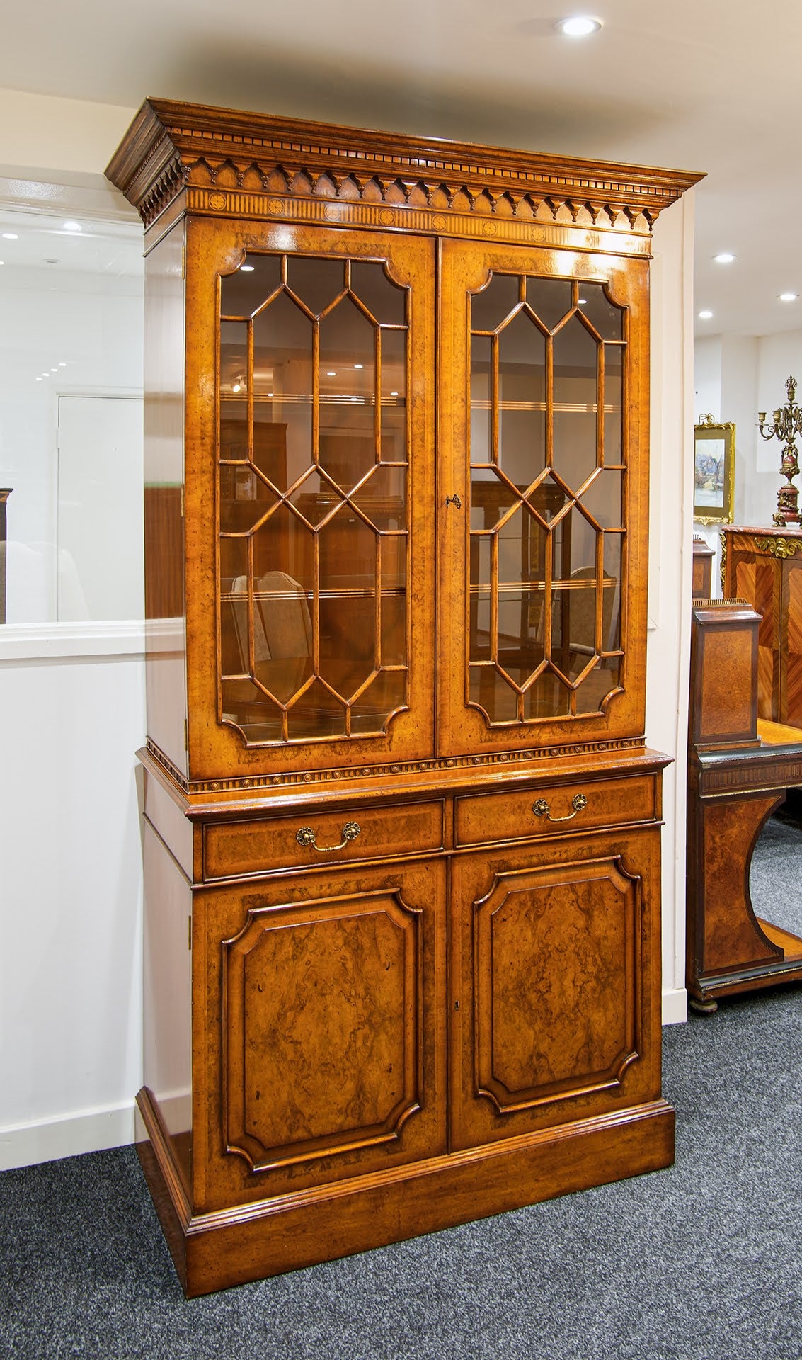 Burr Walnut Breakfront Bookcase with Astragal Glazed Doors
