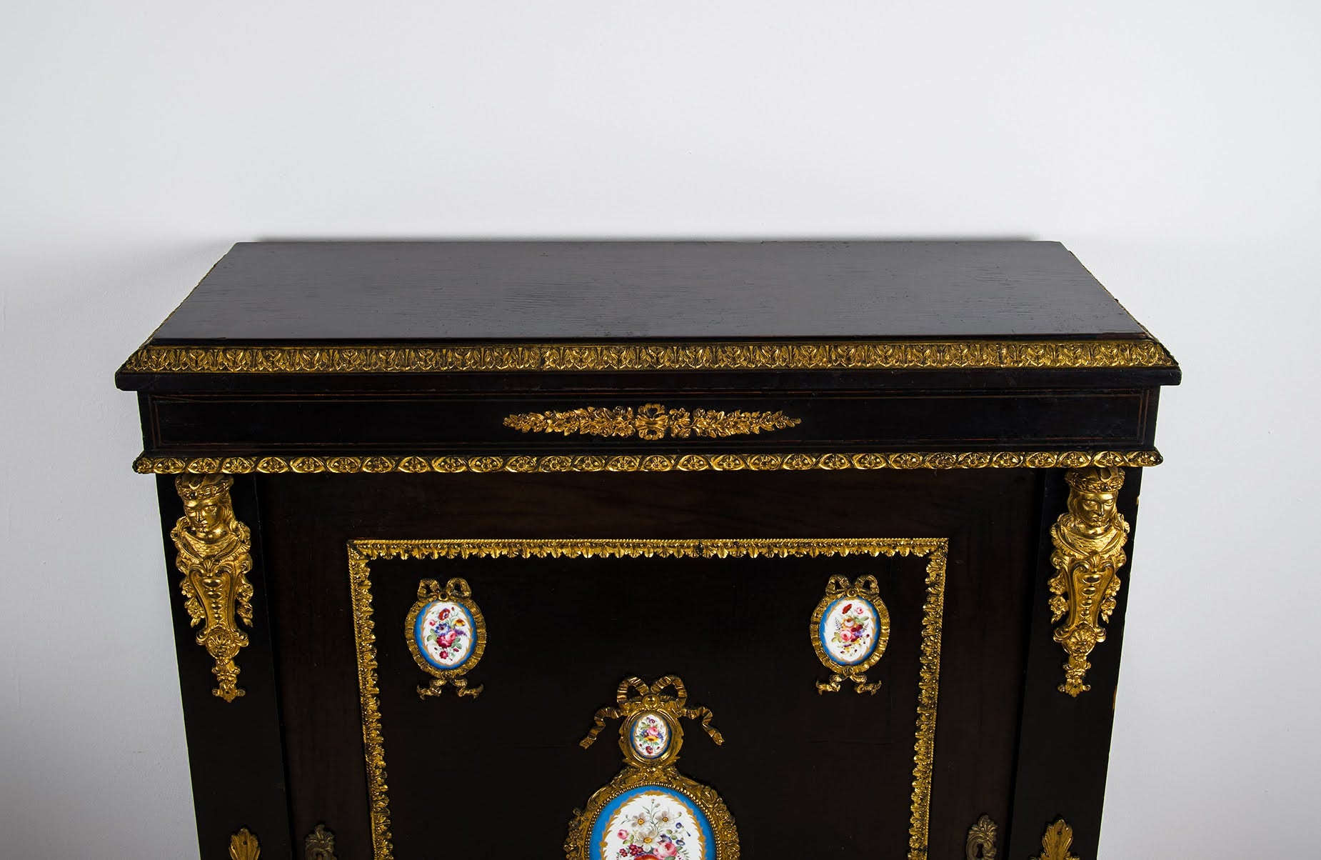 Antique French Ebonised Ormolu Mounted Cabinet with Sevres Style Porcelain Plaques