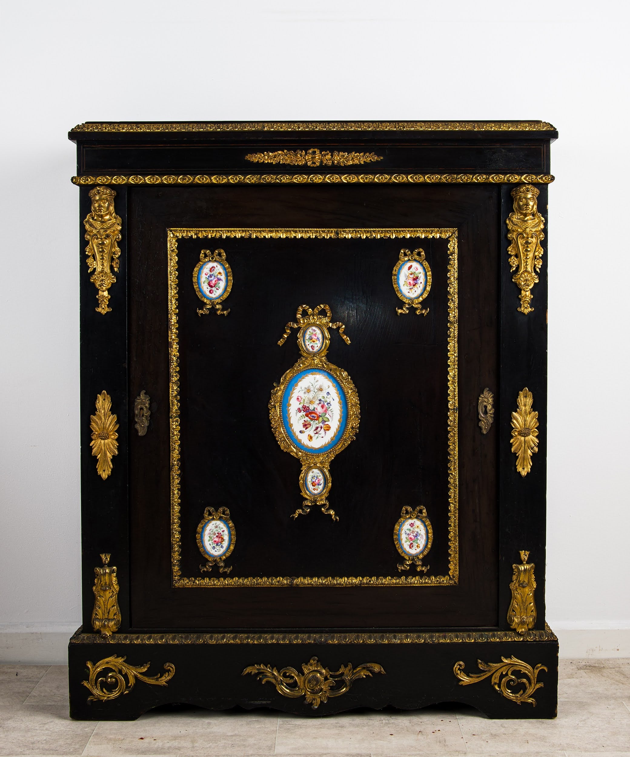 Antique French Ebonised Ormolu Mounted Cabinet with Sevres Style Porcelain Plaques