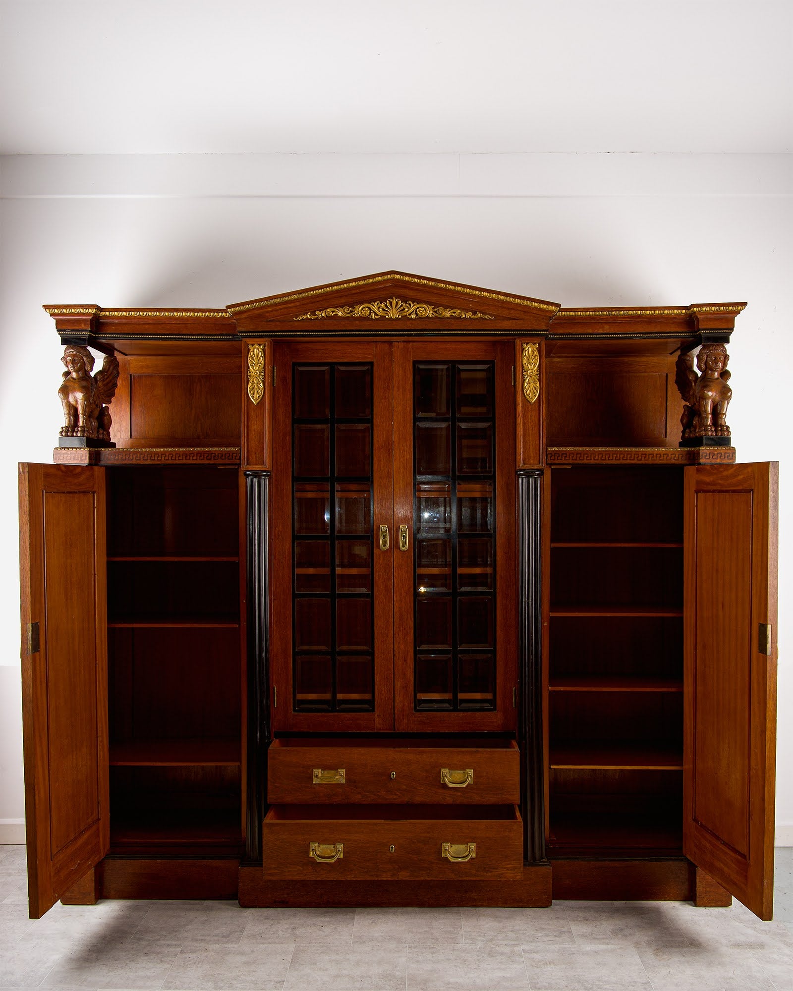 Antique Regency Revival Mahogany Breakfront Library Bookcase Cabinet With Carved Sphinx Supports