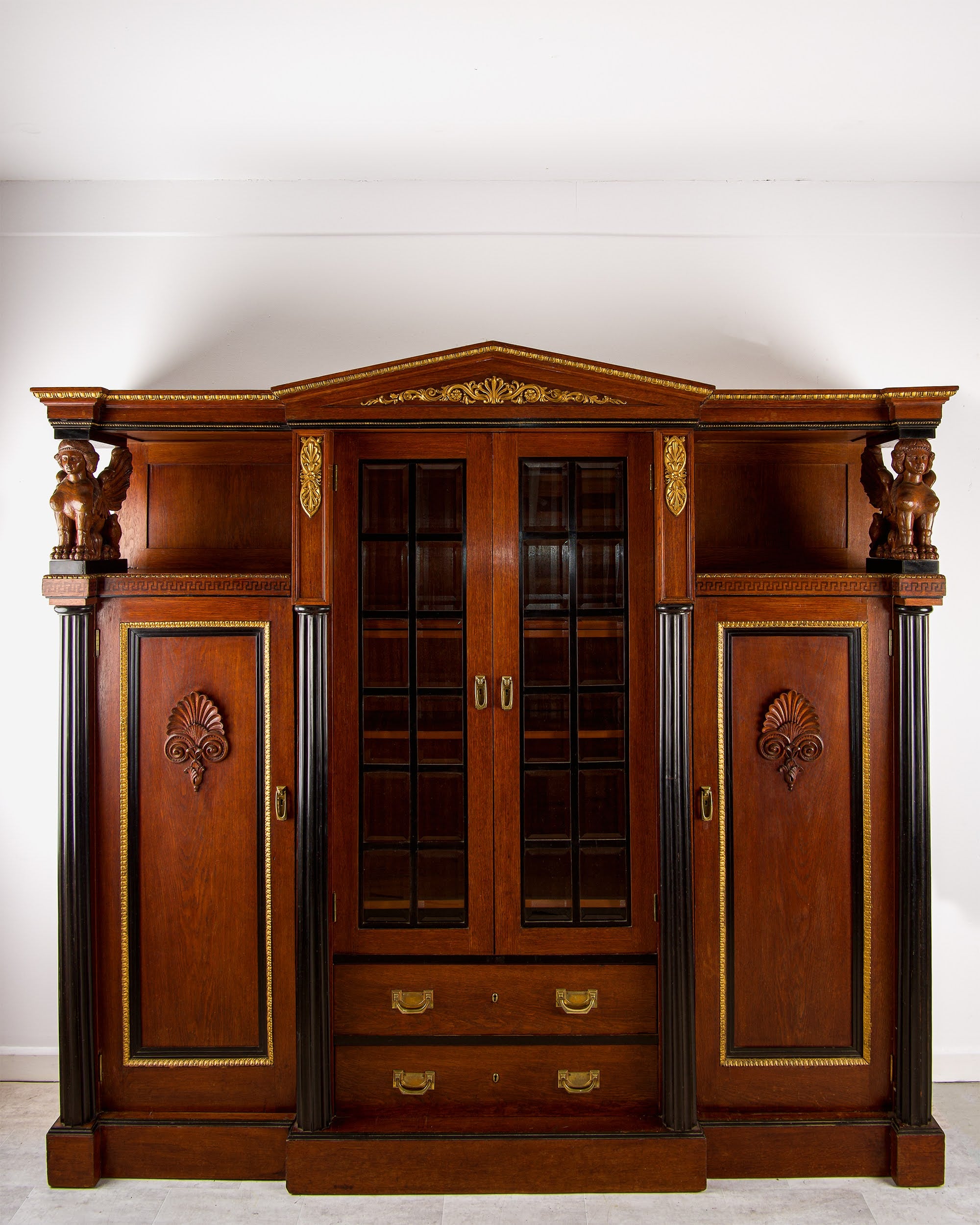 Antique Regency Revival Mahogany Breakfront Library Bookcase Cabinet With Carved Sphinx Supports