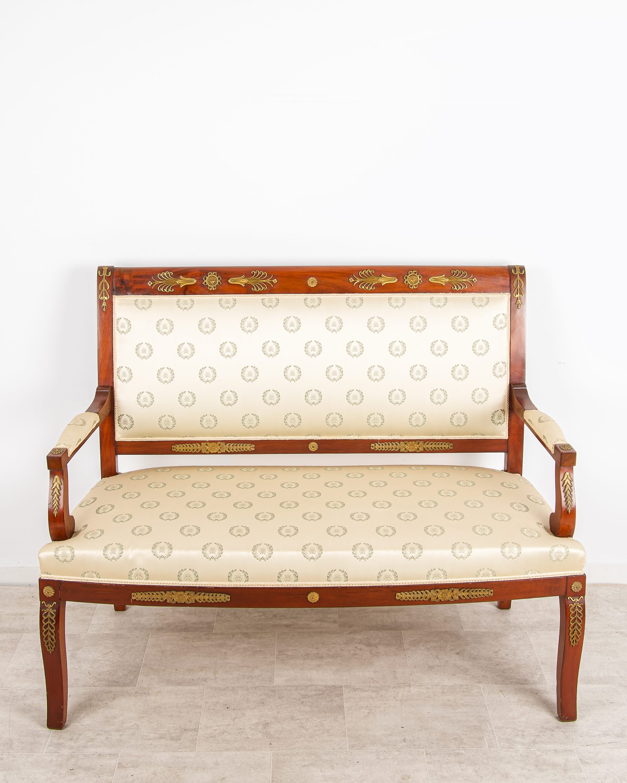 Antique French Empire Revival Mahogany Settee with Ormolu Mounts c.1880 Neoclassical Salon Sofa - Hawkins Antiques