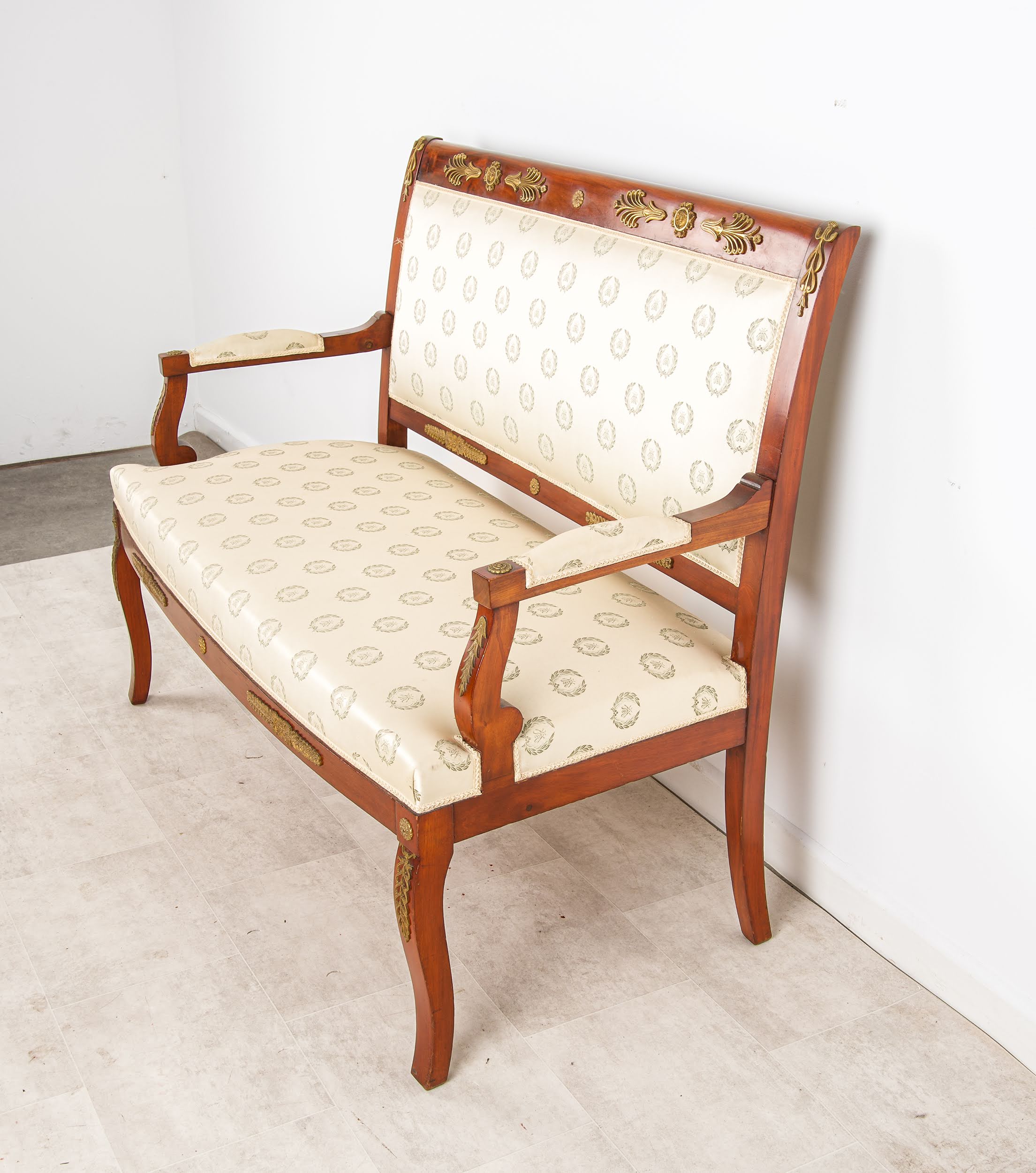 Antique French Mahogany Neoclassical Settee showing Empire Revival Form and Ormolu Mount Details - Hawkins Antiques