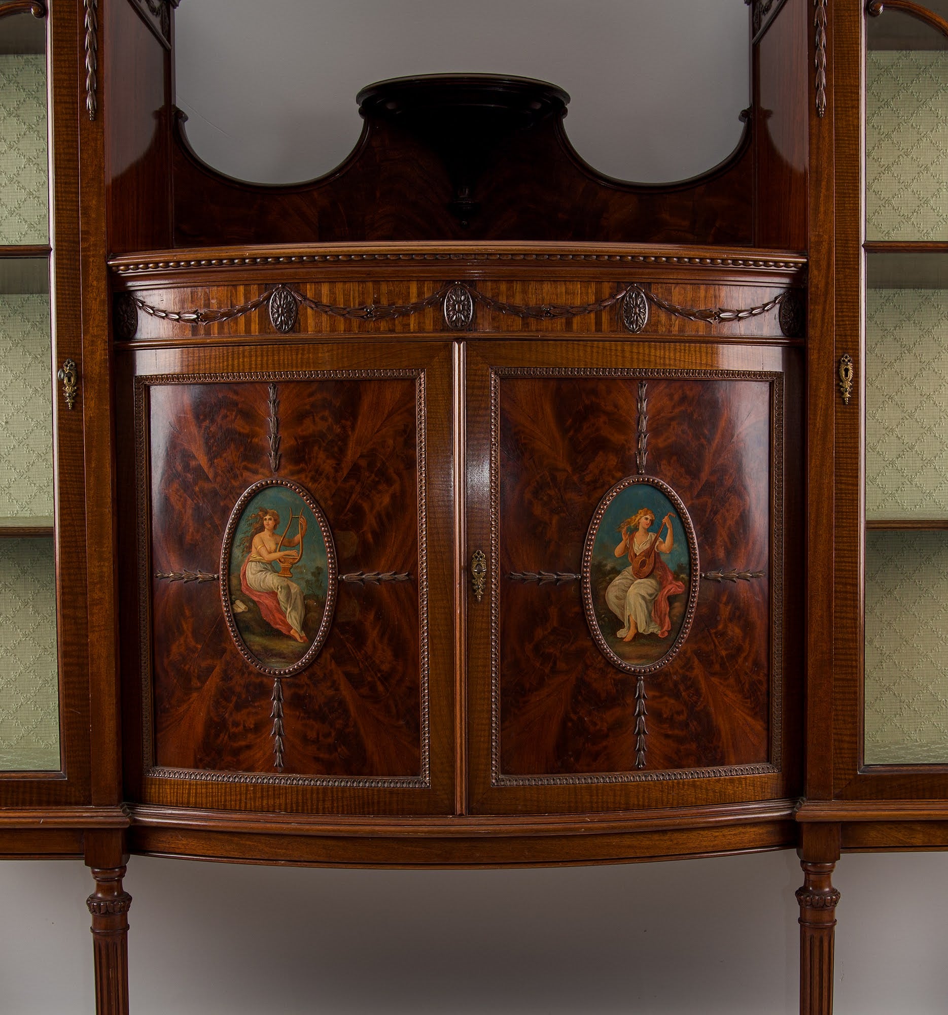 Antique Edwardian Flamed Mahogany Side Cabinet with Painted Panels