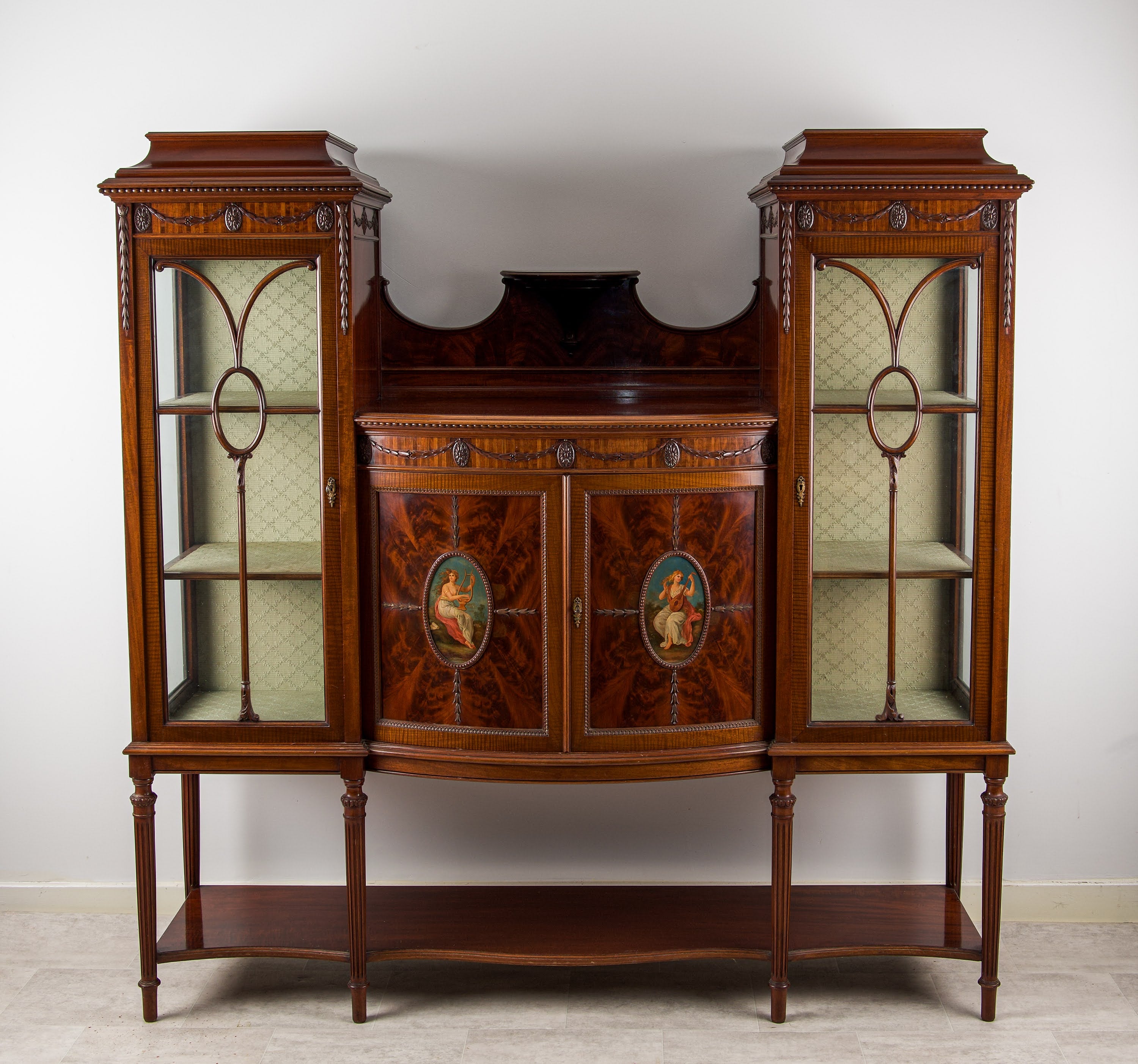 Antique Edwardian Flamed Mahogany Side Cabinet with Painted Panels