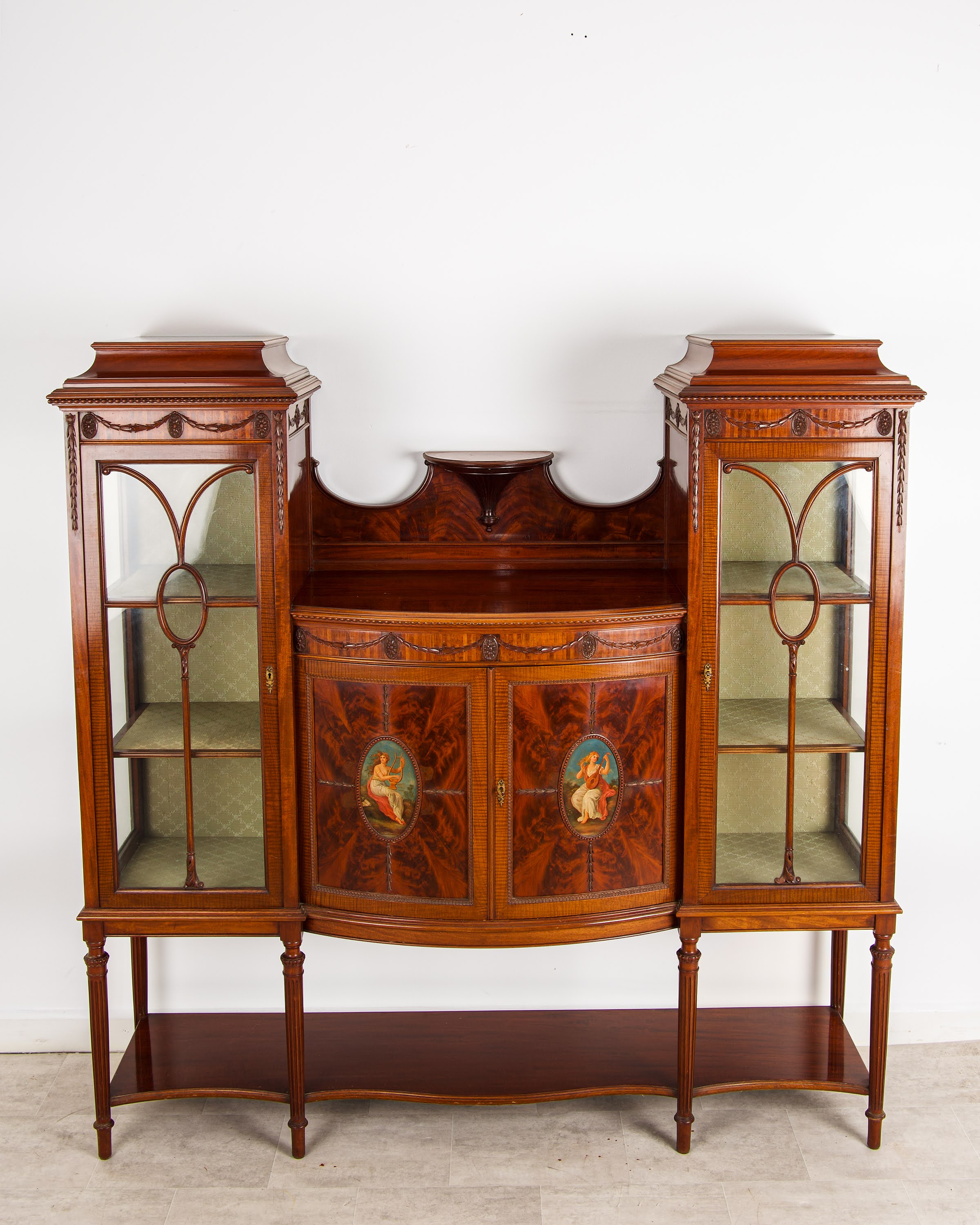 Antique Edwardian flamed mahogany display cabinet bookcase with painted panels