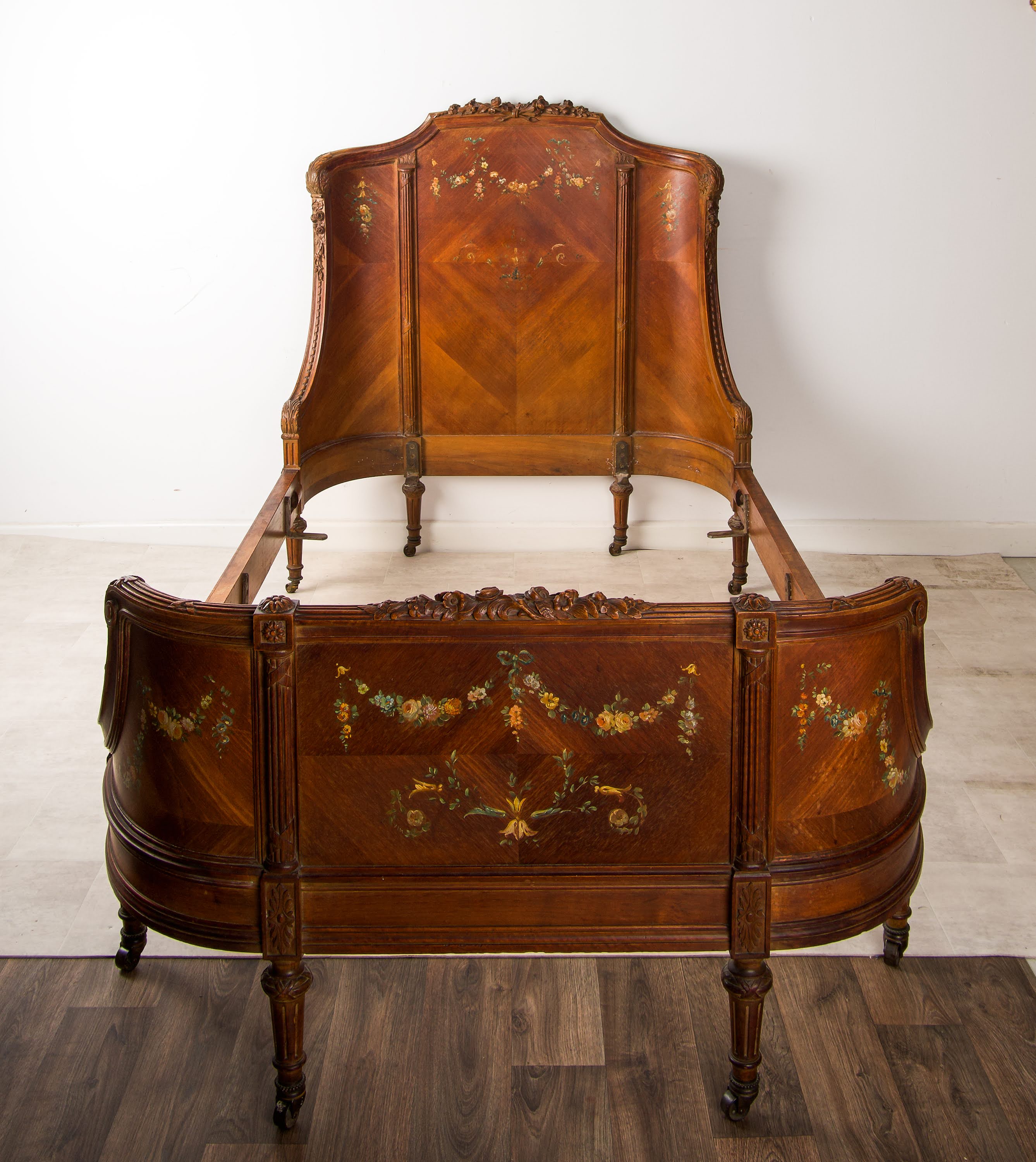 Decorative French Hand-Painted Bed - Floral Panels, c.1900