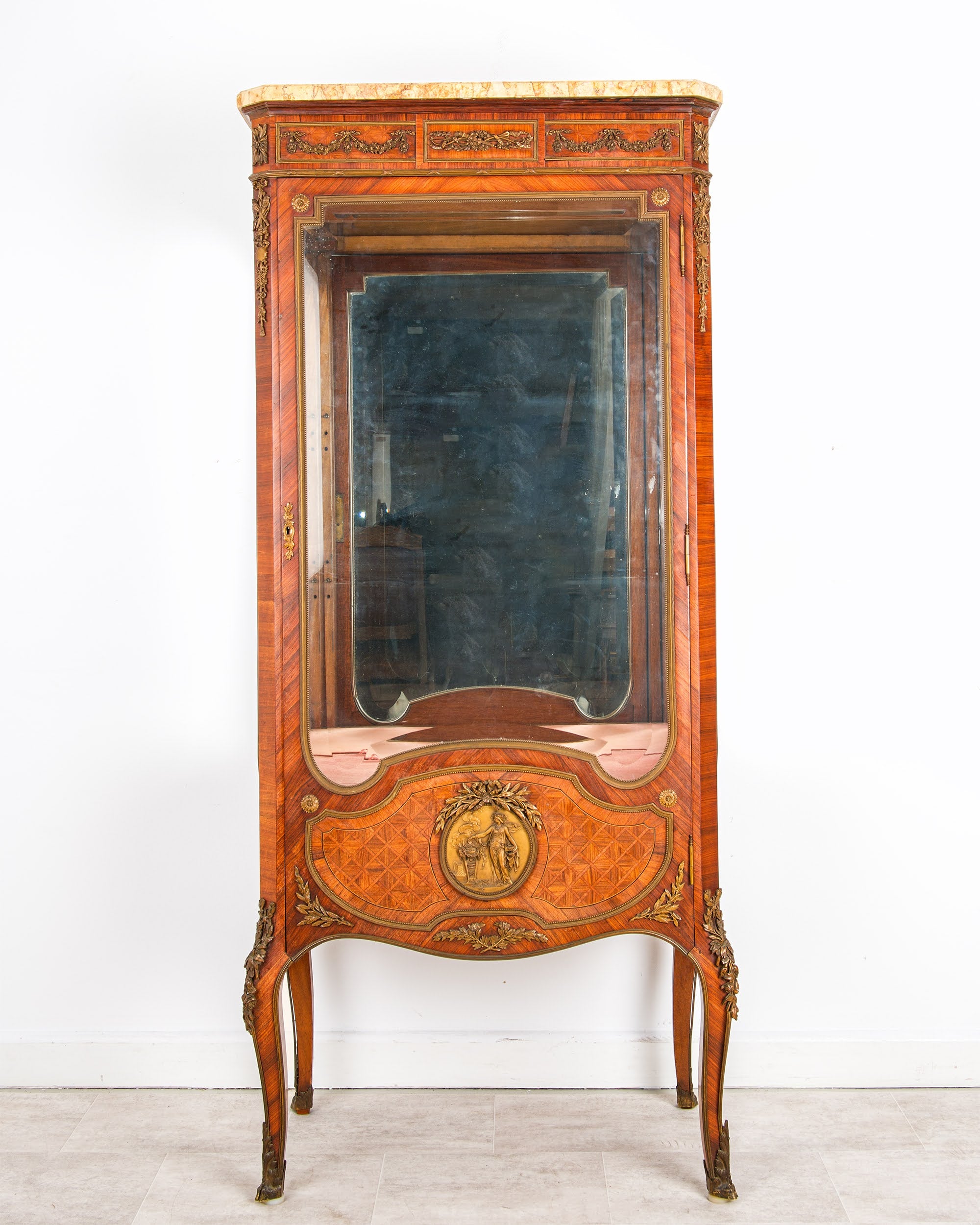 Antique French Kingwood & Ormolu Vitrine Cabinet With Marble Top