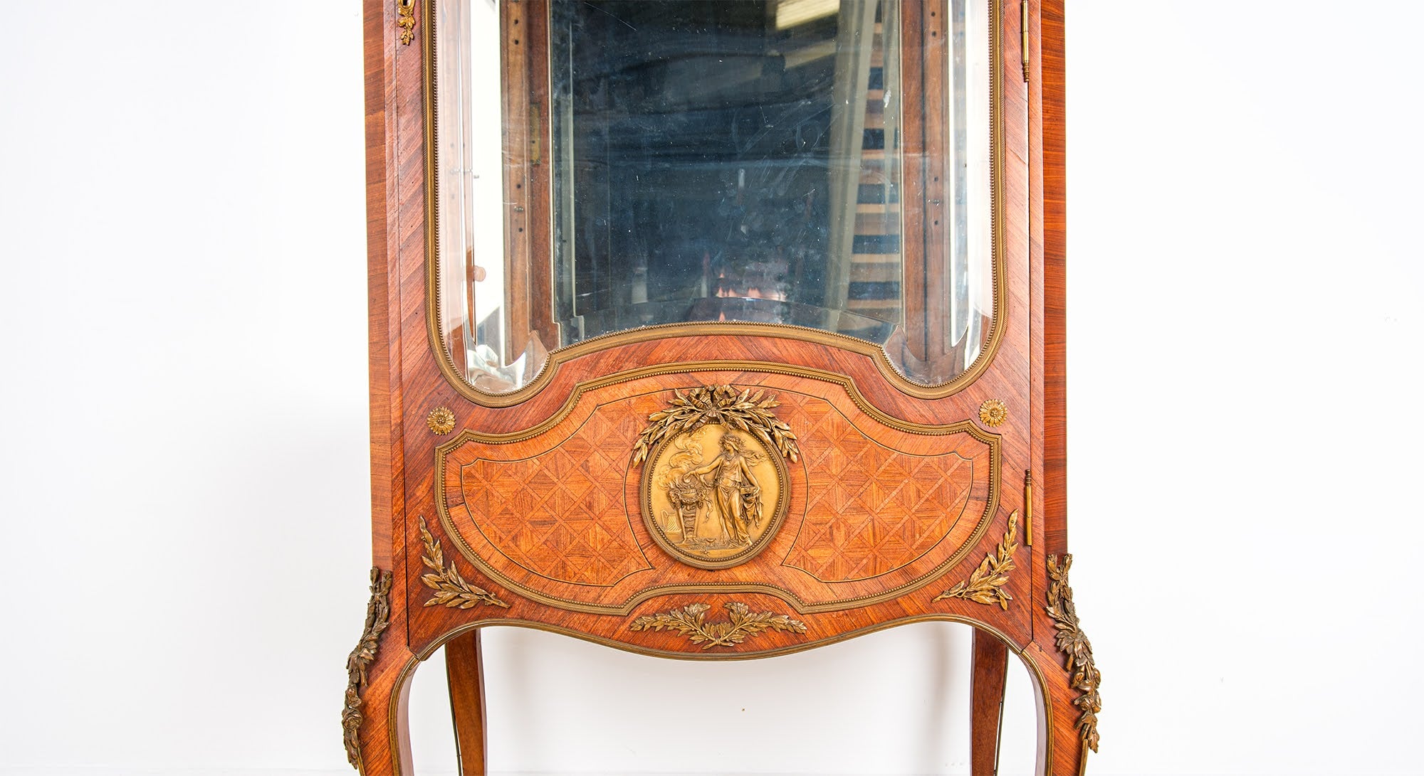 Antique French Kingwood & Ormolu Vitrine Cabinet With Marble Top