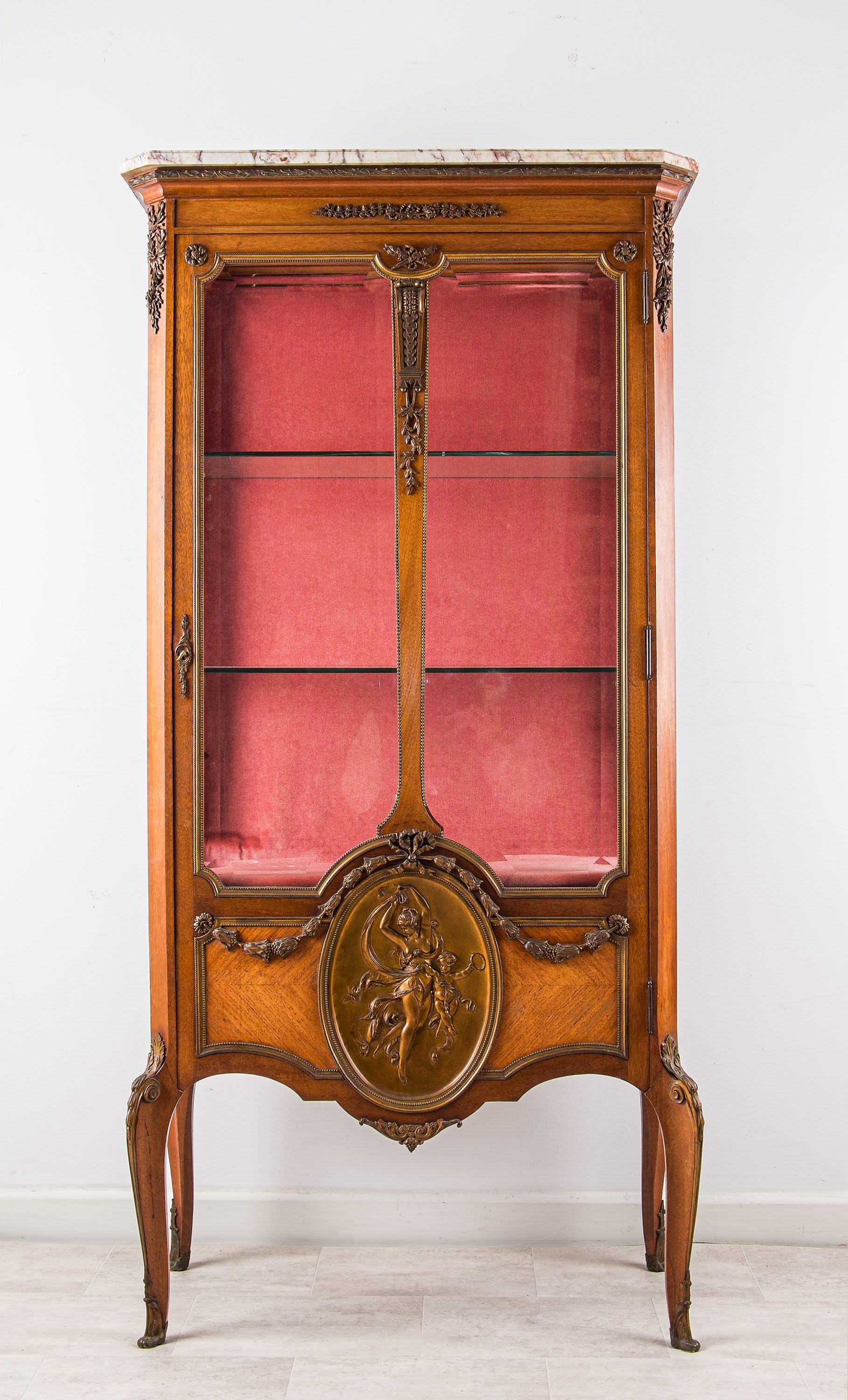 Antique French Ormolu Mounted Vitrine Cabinet with Marble Top, c.1900