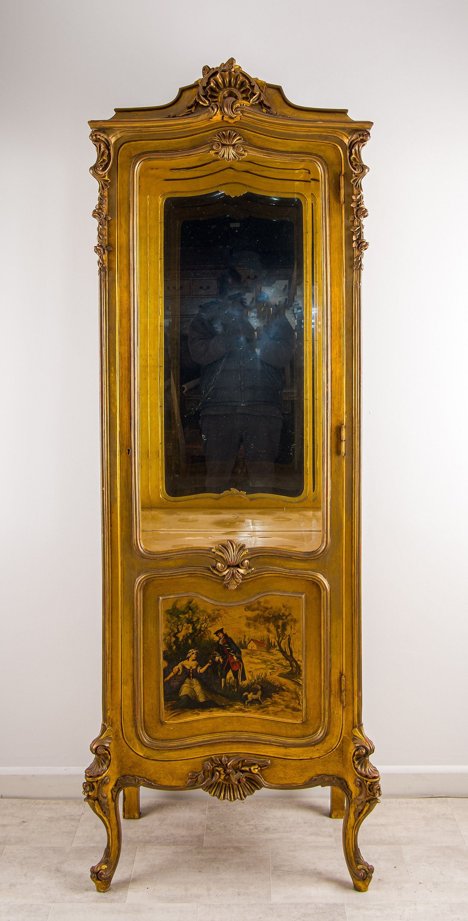 Antique French Gilt Painted Vitrine Display Cabinet with Hand Painted Panels - Rococo Style c.1920