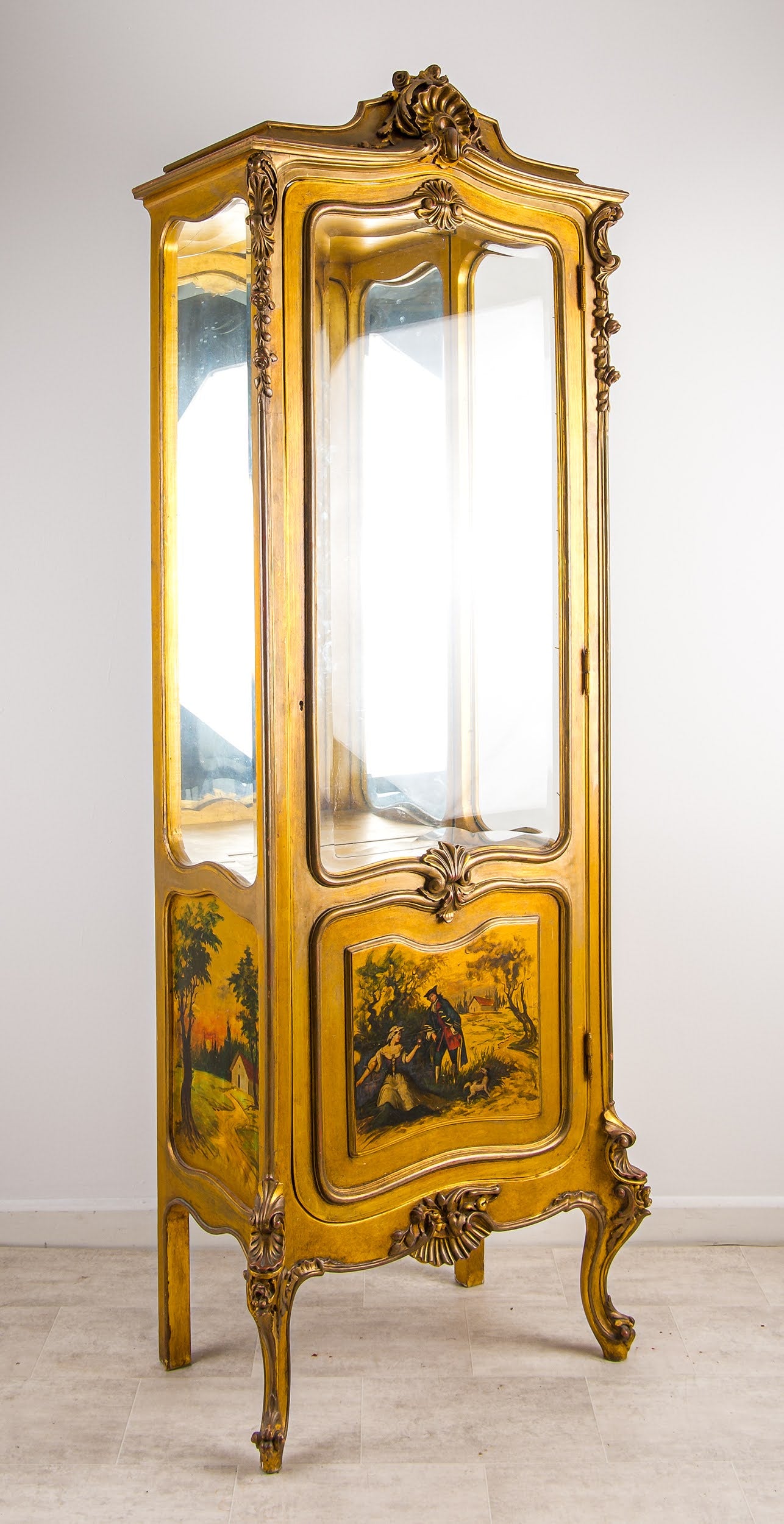 Antique French Gilt Painted Vitrine Display Cabinet with Hand Painted Panels - Rococo Style c.1920