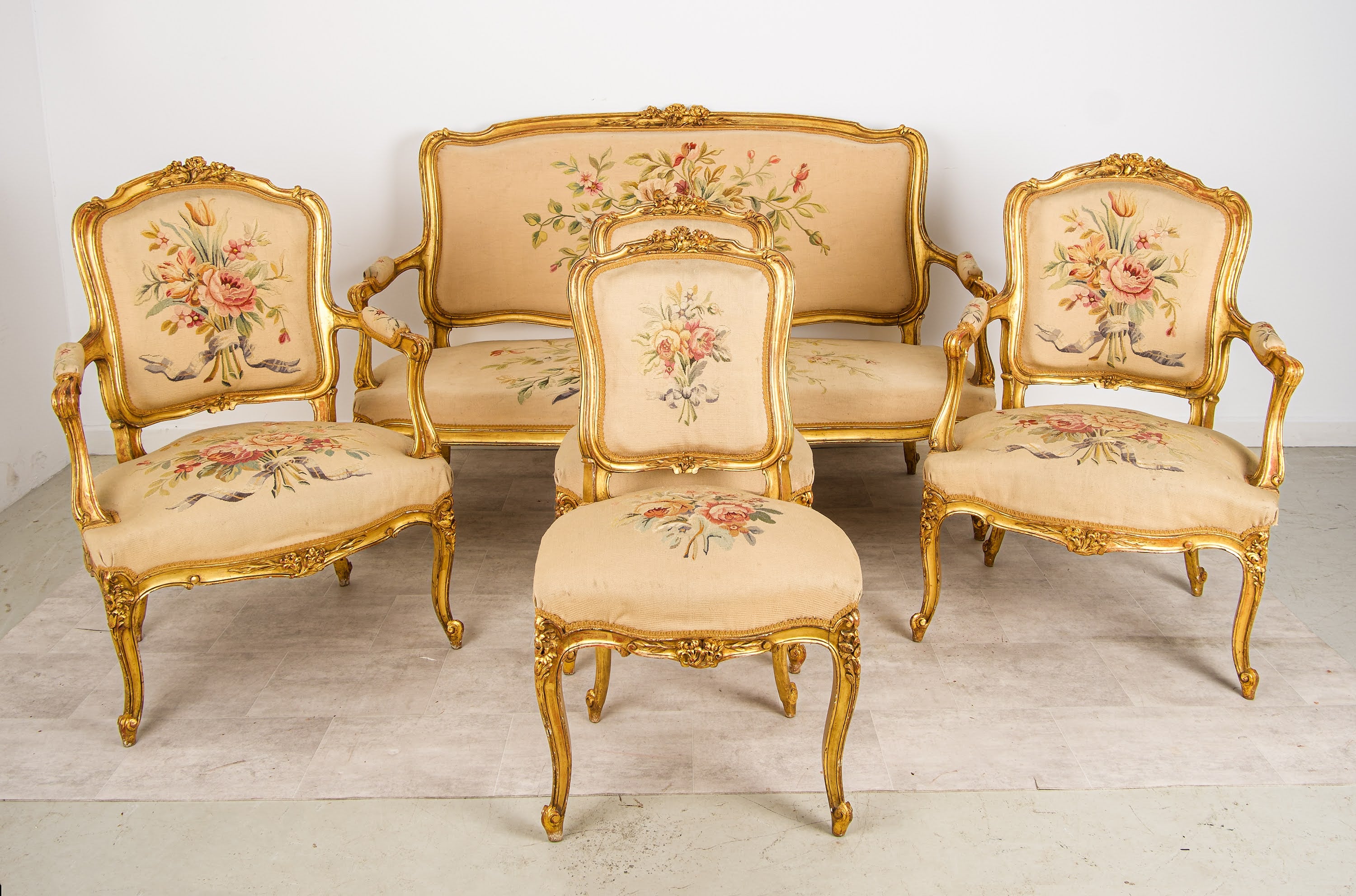 Antique French Louis XV Giltwood Five-Piece Salon Suite - Sofa & 4 Chairs with Needlework Tapestry Upholstery c.1900