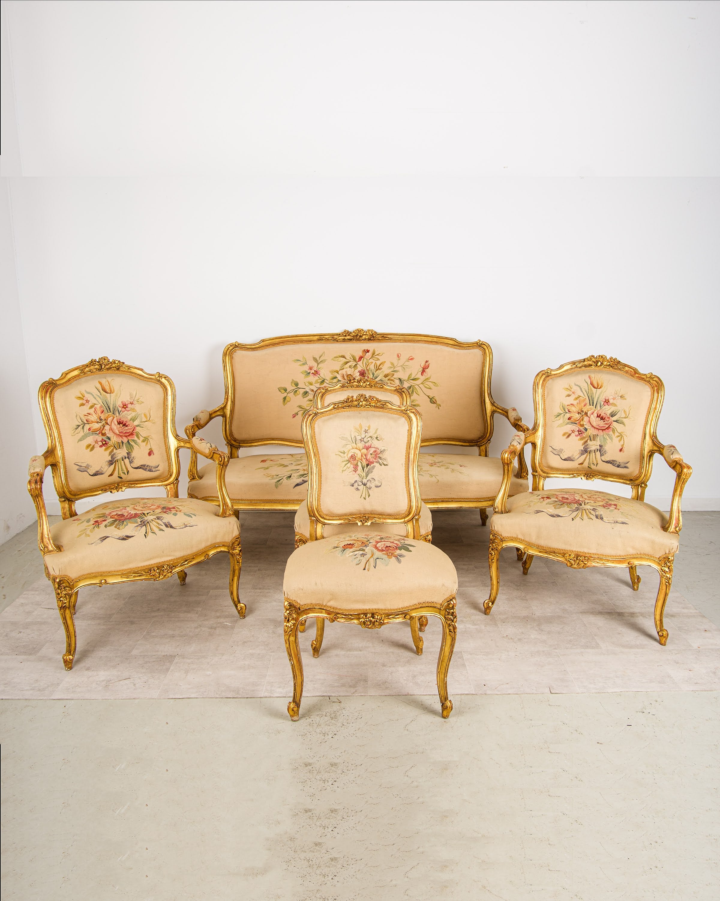 Antique French Louis XV Giltwood Five-Piece Salon Suite - Sofa & 4 Chairs with Needlework Tapestry Upholstery c.1900