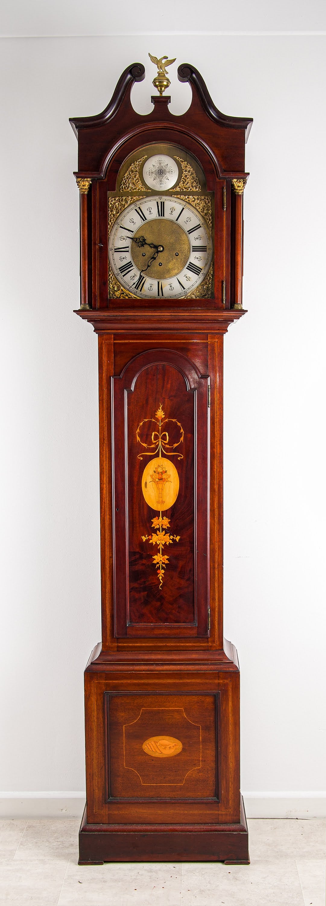 Antique Mahogany Longcase Grandfather Clock - Inlaid Case, Brass Dial & Arch Hood c.1920