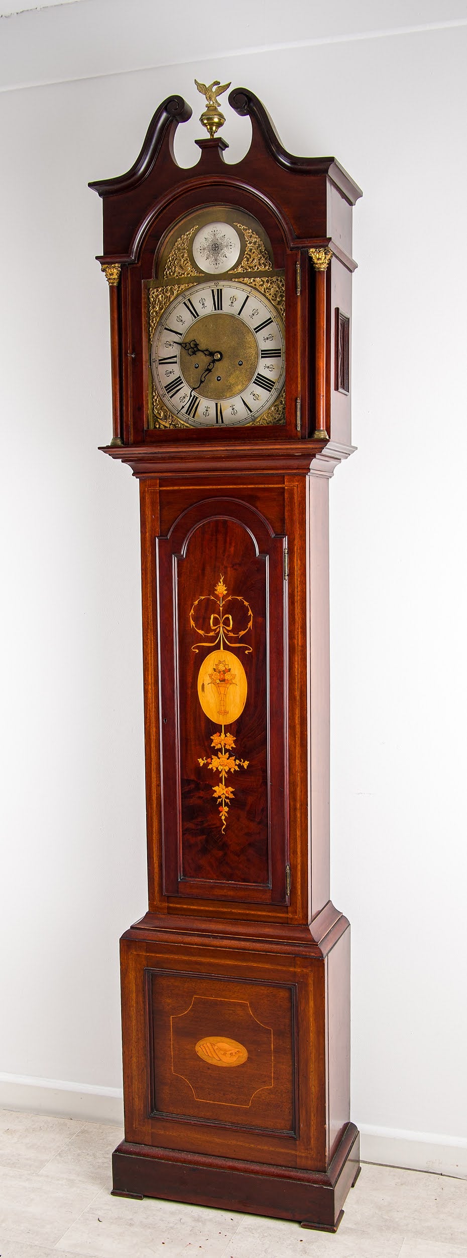 Antique Mahogany Longcase Grandfather Clock - Inlaid Case, Brass Dial & Arch Hood c.1920