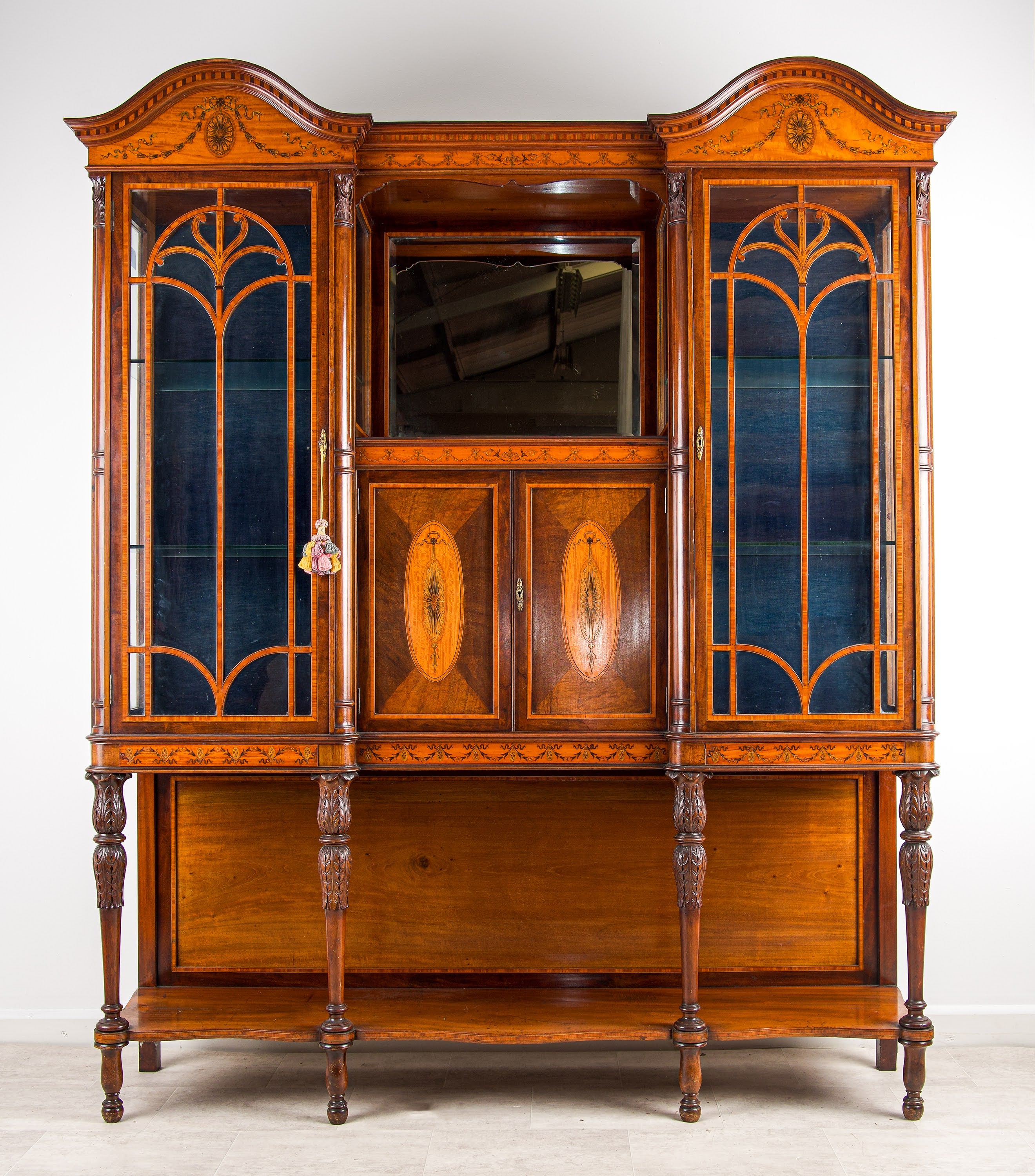 Large Antique Victorian Mahogany & Satinwood Inlaid Display Cabinet - Breakfront Glazed Bookcase c.1890
