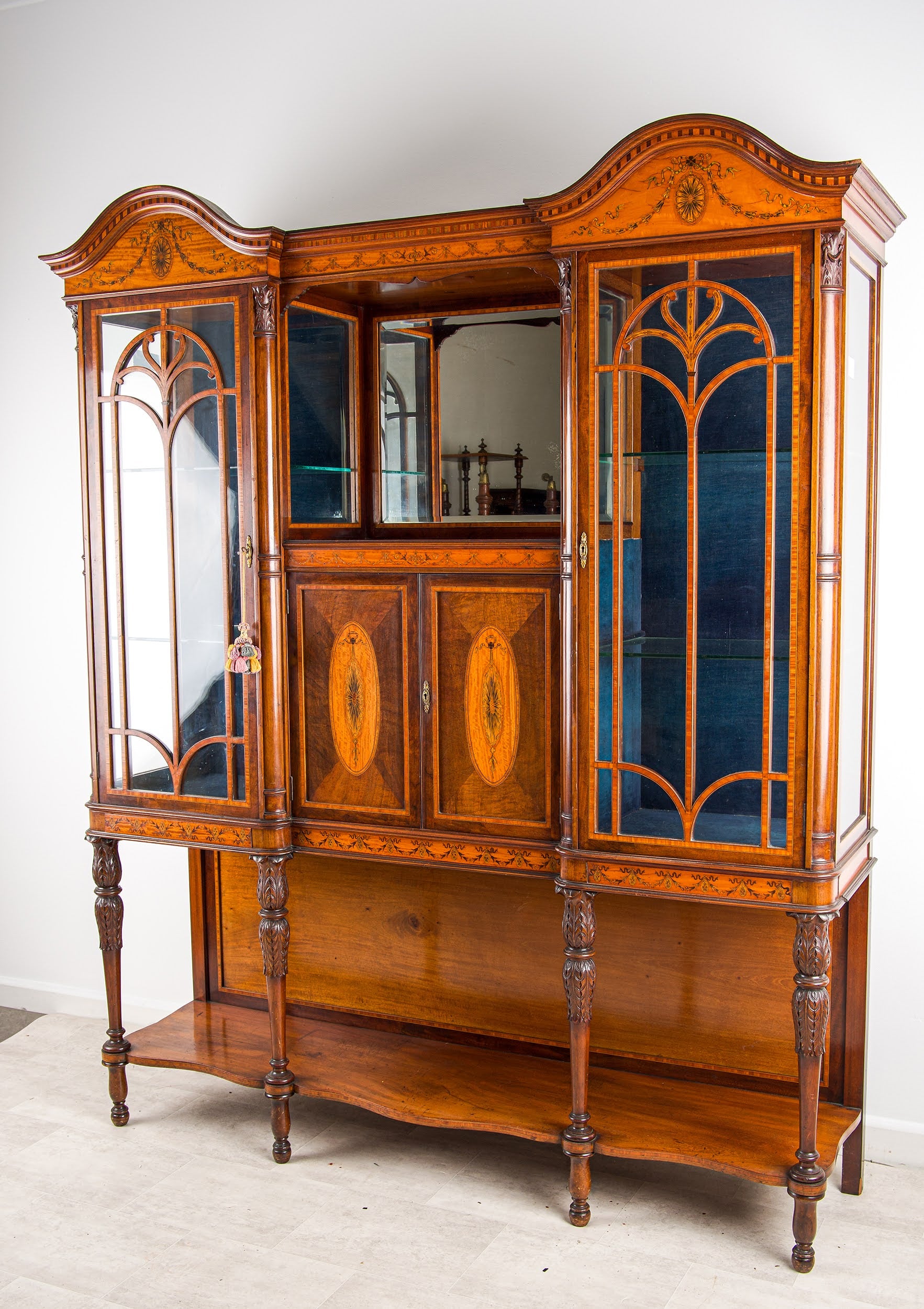 Large Antique Victorian Mahogany & Satinwood Inlaid Display Cabinet - Breakfront Glazed Bookcase c.1890