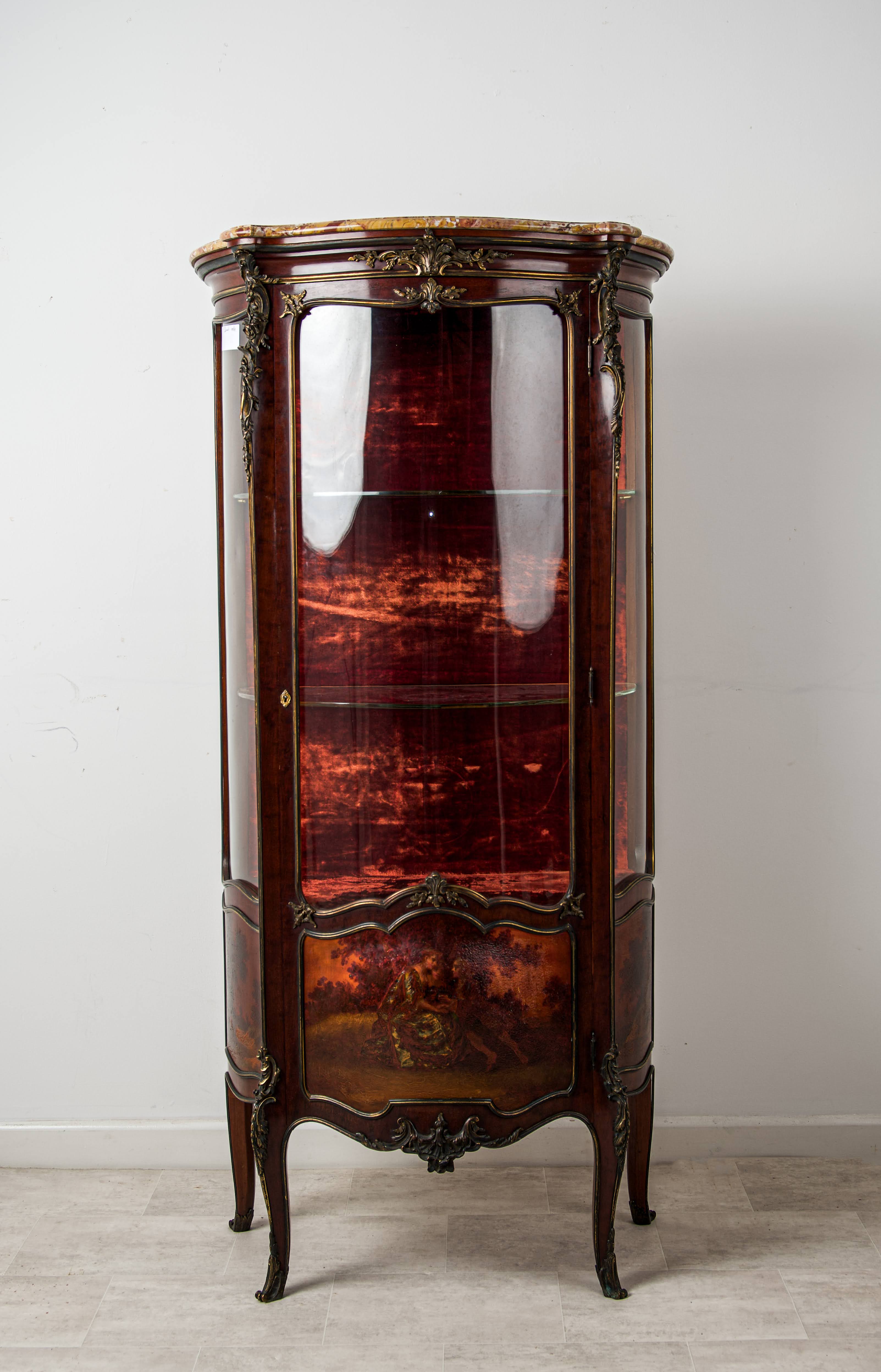 19th-Century French Vernis Martin Vitrine Cabinet with Marble Top - In the Manner of François Linke